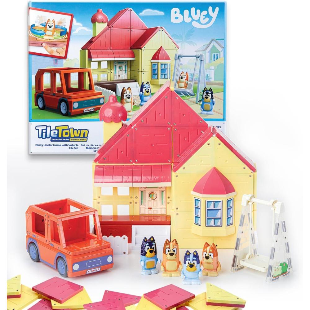 imageTile Town Bluey Heeler Family Home 52Piece Magnetic Tile Playset Interactive STEM Magnetic Tiles Toys Includes Bluey amp Bingo Figures Action TilesHeeler Home with Vehicle