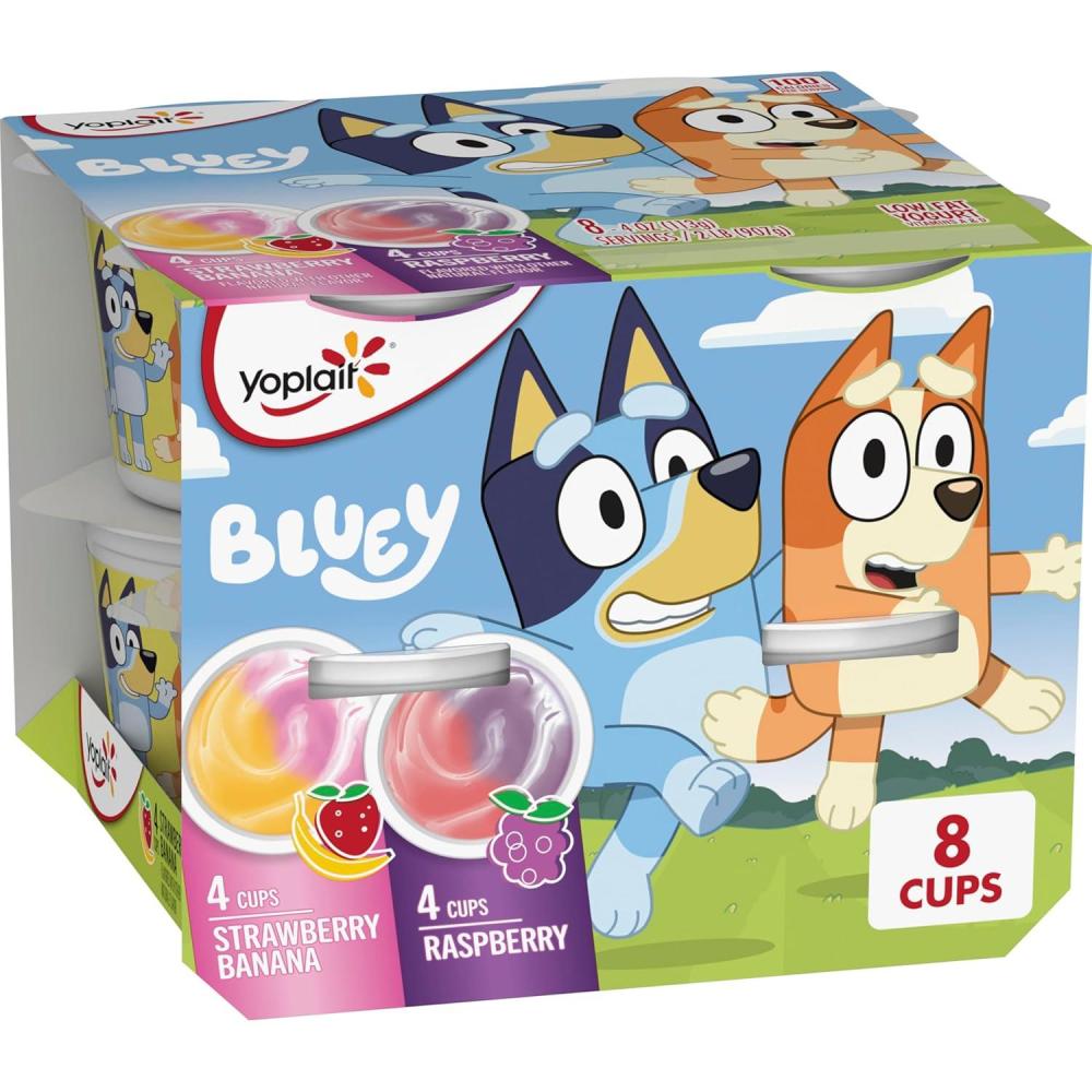 imageYoplait Low Fat Kids Yogurt Cups Bluey Variety Pack Strawberry Banana and Raspberry Gluten Free Snacks 8 Ct 32 oz