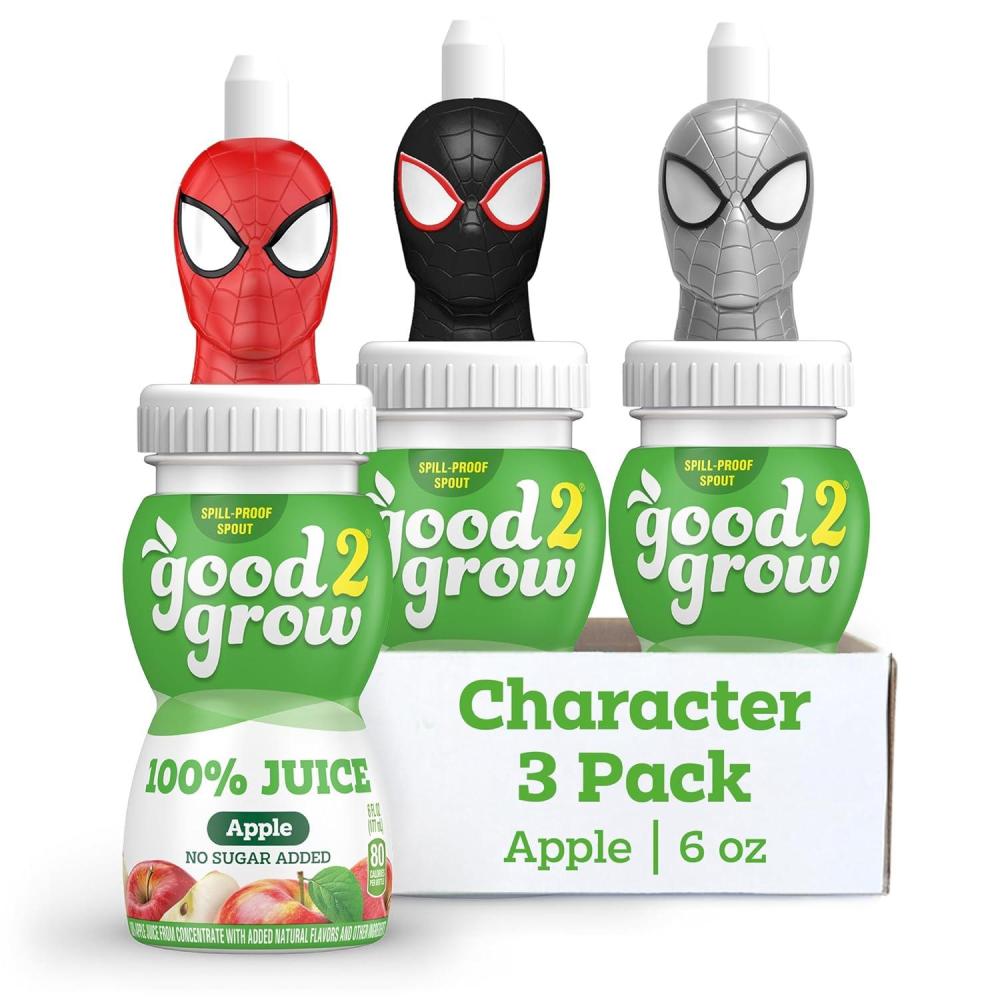 imagegood2grow Apple Juice 100 Juice Drinks for Kids Fruit Juice No Sugar Added 6 Fl Oz Juice Bottles with SpillProof Bluey Character Tops 3 PackSpiderMan