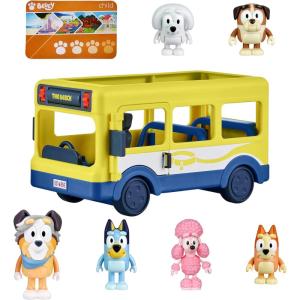 Bluey Figurine (2.5”) & Escape Convertible Vehicle Playset, Robust Toddler Toy Car with 4 Accessories and Stickers, Immersive Toys for Kids Ages 3+(Bus and Friends)
