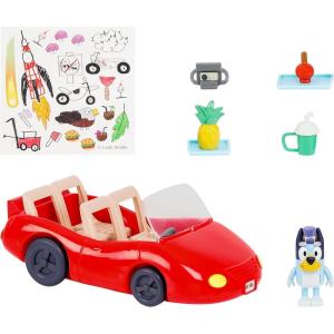 Bluey Figurine (2.5”) & Escape Convertible Vehicle Playset, Robust Toddler Toy Car with 4 Accessories and Stickers, Immersive Toys for Kids Ages 3+(Escape Convertible)