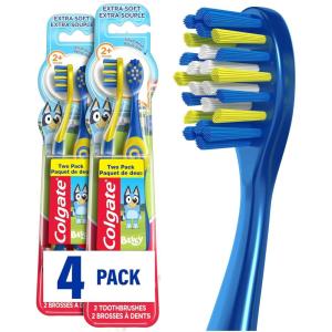 Colgate Bluey Extra Soft Toothbrush for Kids, Kids Toothbrush Pack with Built in Suction Cup Toothbrush Holder, Designed for Children Ages 2 and Up, Extra Soft Bristles, 2 Pack(4 Count)