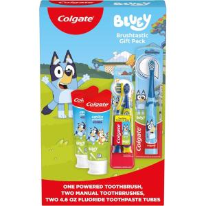 Colgate Kids Bluey Toothbrush and Kids Toothpaste Gift Set, Includes Bluey-Themed Battery Toothbrush, 2 Bubblegum Flavored Fluoride Toothpastes, and 2 Manual Toothbrushes(Bluey)