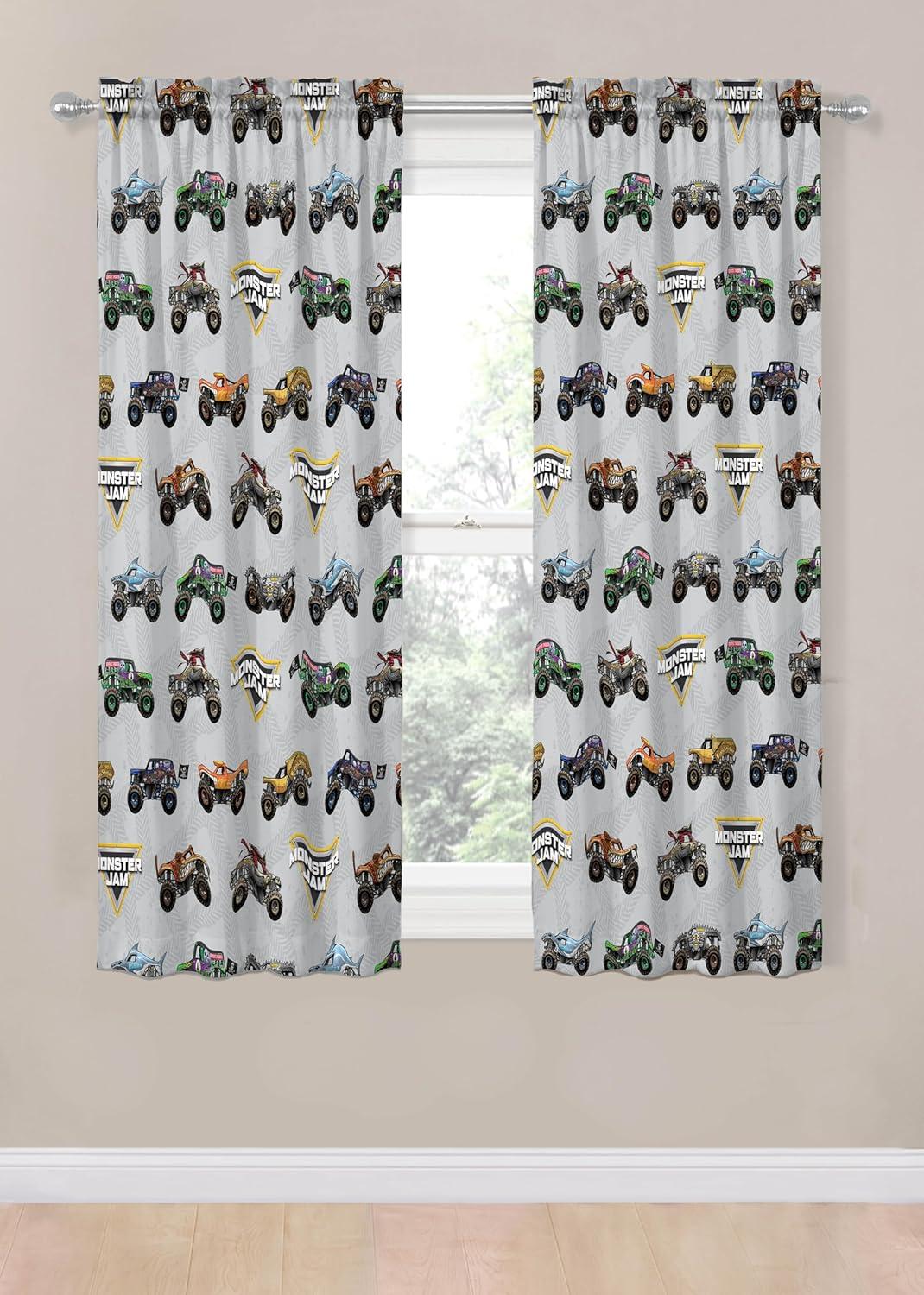 imageJay Franco Black Out Window Curtains for Kids Bedroom 4Piece Drape Set with 2 Tiebacks Blue Bluey 42 W x 63 L Pack of 2Grey Monster Jam