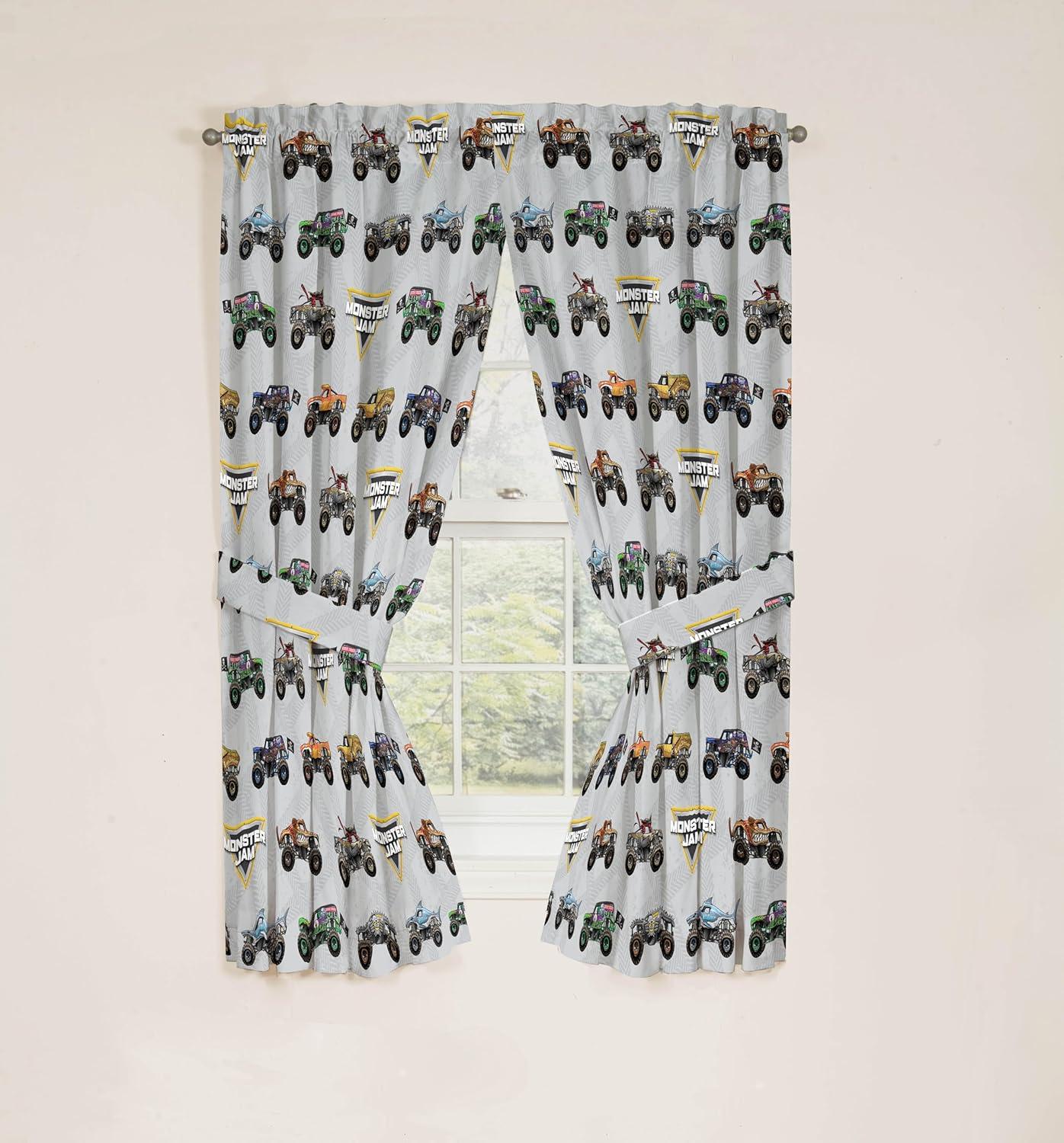 imageJay Franco Black Out Window Curtains for Kids Bedroom 4Piece Drape Set with 2 Tiebacks Blue Bluey 42 W x 63 L Pack of 2Grey Monster Jam
