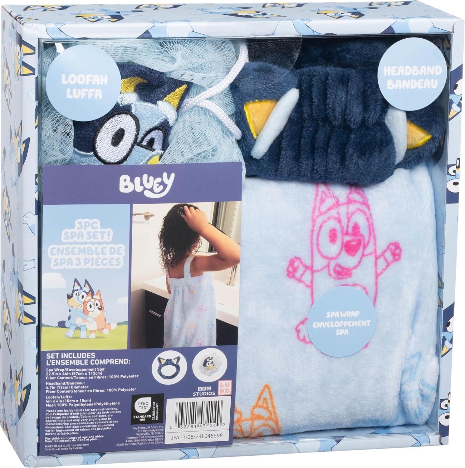 imageJay Franco Bluey 3 Piece Spa amp Bath Set Includes Towel Wrap Loofah amp Spa Headband Kids Bath amp Shower AccessoriesBlue Bluey