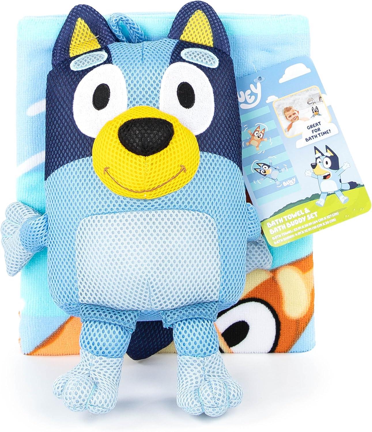 imageJay Franco Bluey amp Friends Bath Towel amp Bath Buddy Set Kids Bathtub Accessories Includes 25 x 50 Inch Microfiber Towel amp 13 Inch Bluey Water Play BuddyBlue Bluey