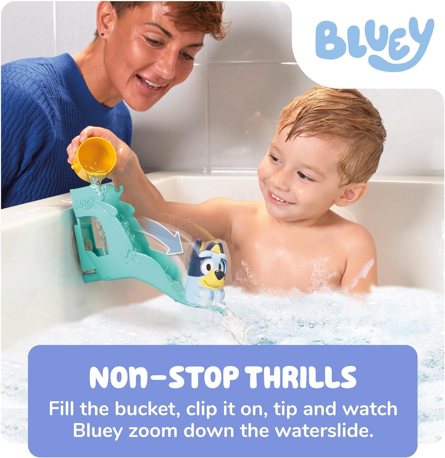 imageTOMY Toomies Blueys Water Slide Includes Water Slide with Suction Cup Clip On Bucket and Bluey Figure Interactive Toddler Bath Toys Ages 18 Months and Up
