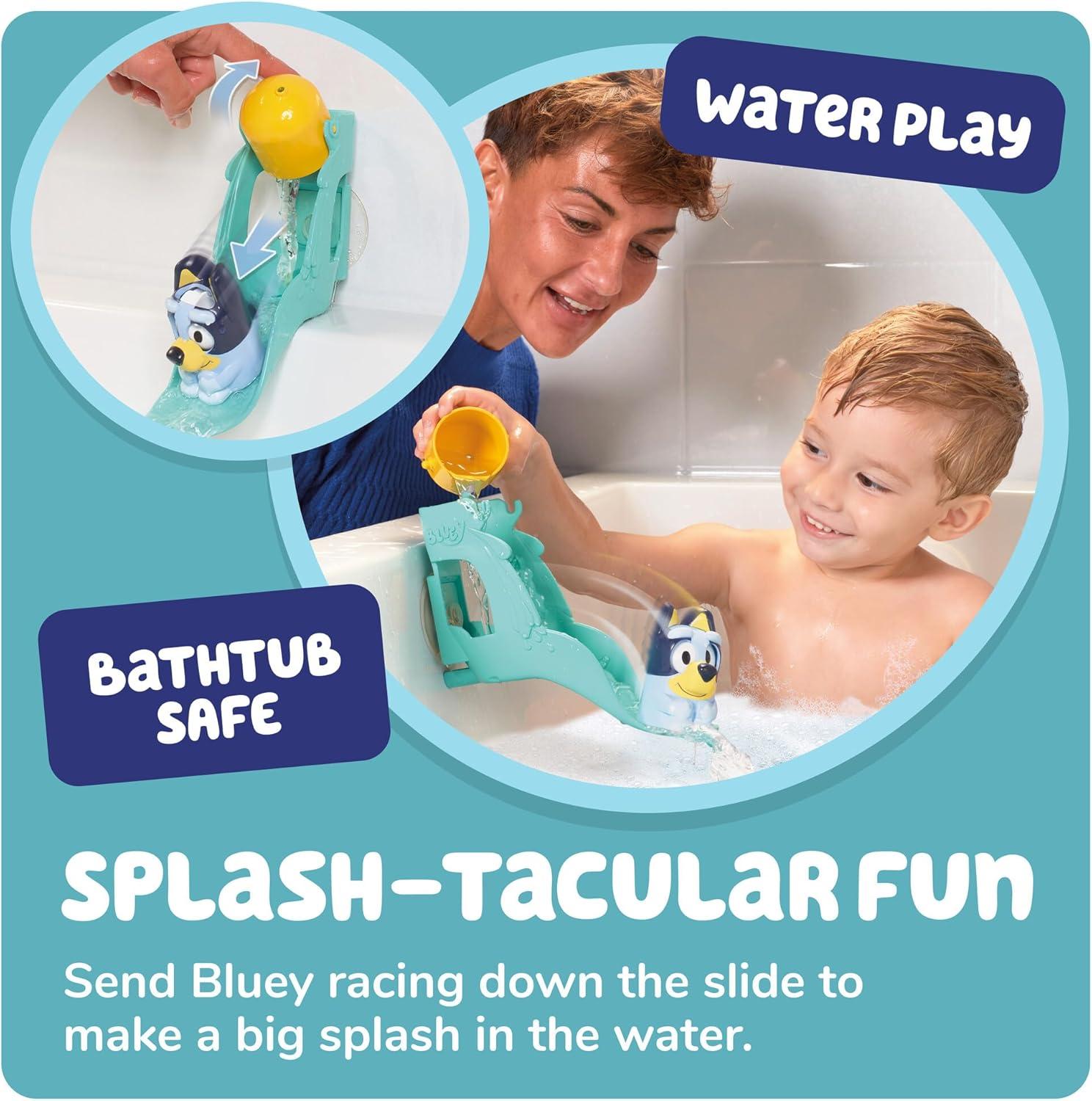imageTOMY Toomies Blueys Water Slide Includes Water Slide with Suction Cup Clip On Bucket and Bluey Figure Interactive Toddler Bath Toys Ages 18 Months and Up