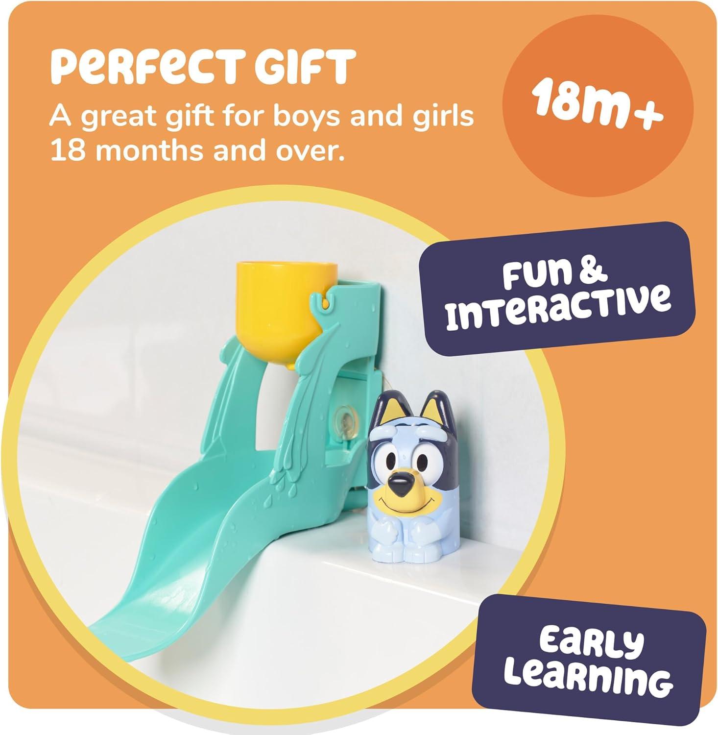 imageTOMY Toomies Blueys Water Slide Includes Water Slide with Suction Cup Clip On Bucket and Bluey Figure Interactive Toddler Bath Toys Ages 18 Months and Up