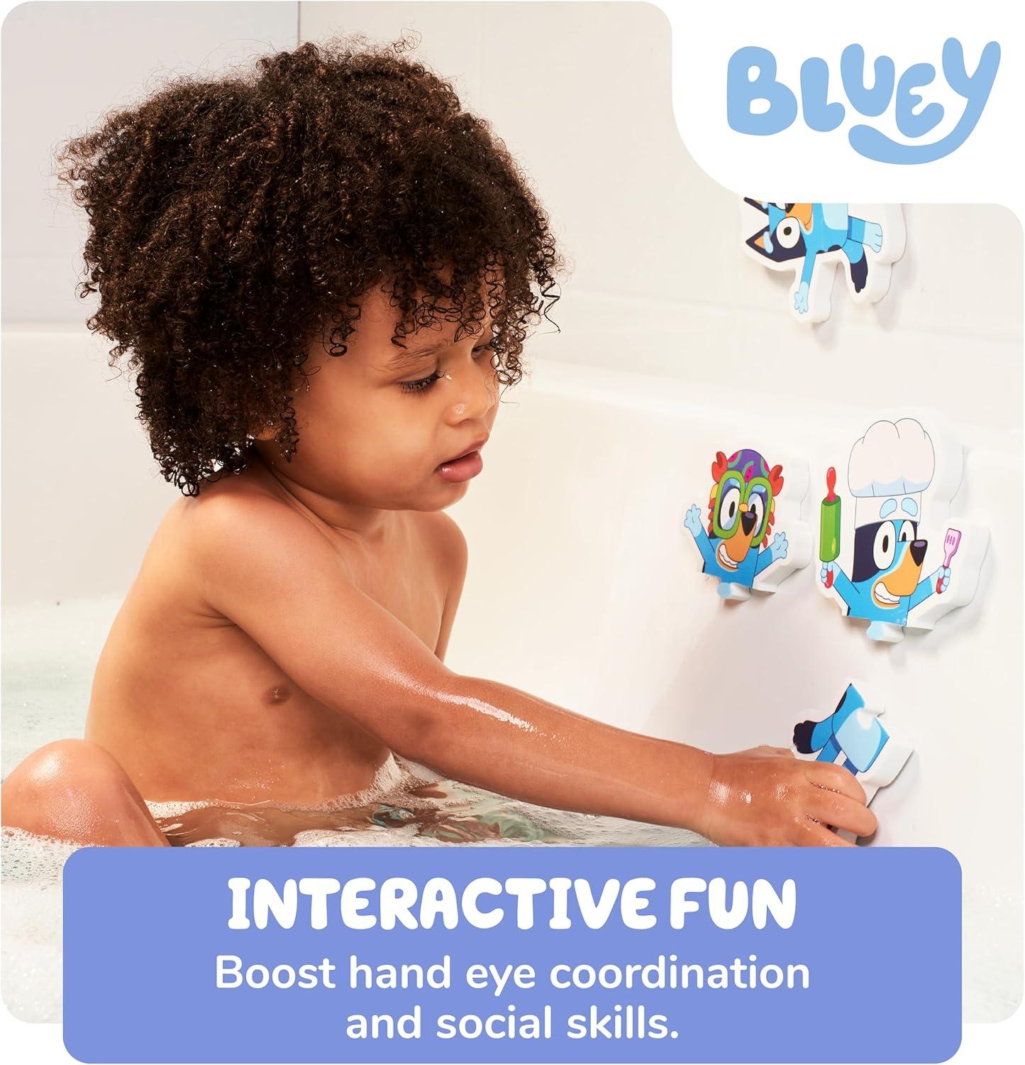 imageTomy Toomies Bluey Bath Puzzle Mix and Match Bluey Puzzle Foam Toddler Bath Toys Includes Mesh Bag Bath Toy Storage with Suction Cups 8 Count 18 Months and Up