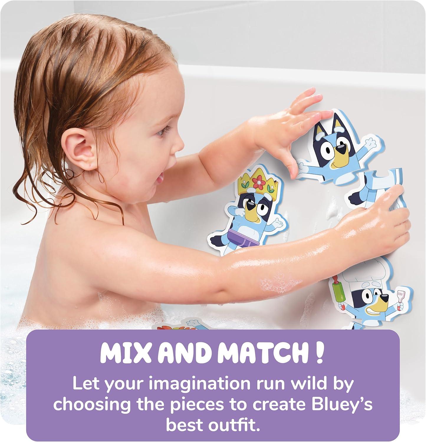 imageTomy Toomies Bluey Bath Puzzle Mix and Match Bluey Puzzle Foam Toddler Bath Toys Includes Mesh Bag Bath Toy Storage with Suction Cups 8 Count 18 Months and Up