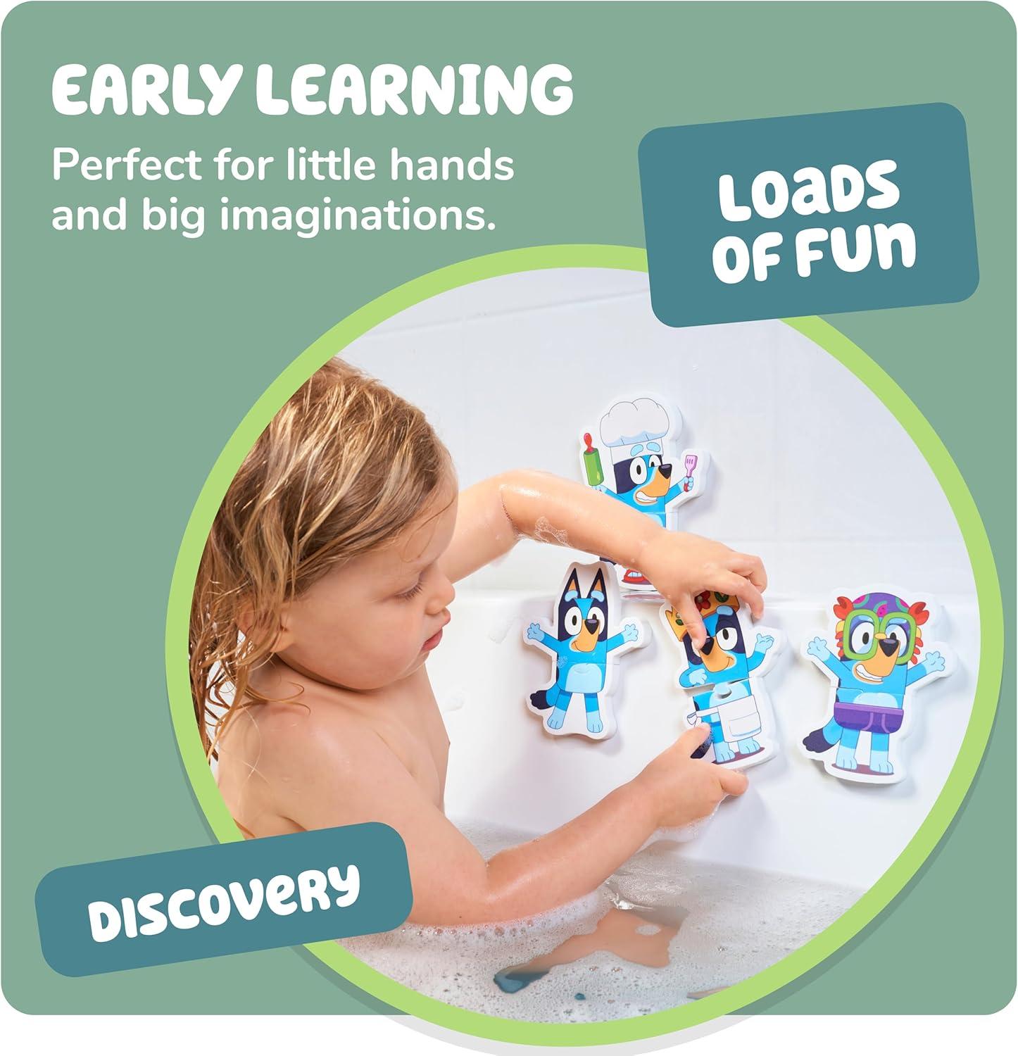 imageTomy Toomies Bluey Bath Puzzle Mix and Match Bluey Puzzle Foam Toddler Bath Toys Includes Mesh Bag Bath Toy Storage with Suction Cups 8 Count 18 Months and Up