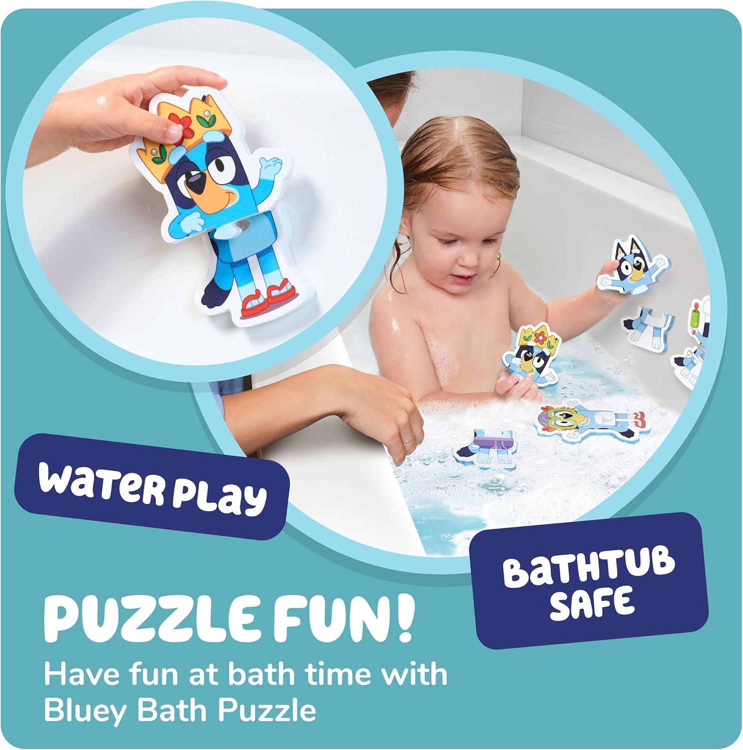 imageTomy Toomies Bluey Bath Puzzle Mix and Match Bluey Puzzle Foam Toddler Bath Toys Includes Mesh Bag Bath Toy Storage with Suction Cups 8 Count 18 Months and Up