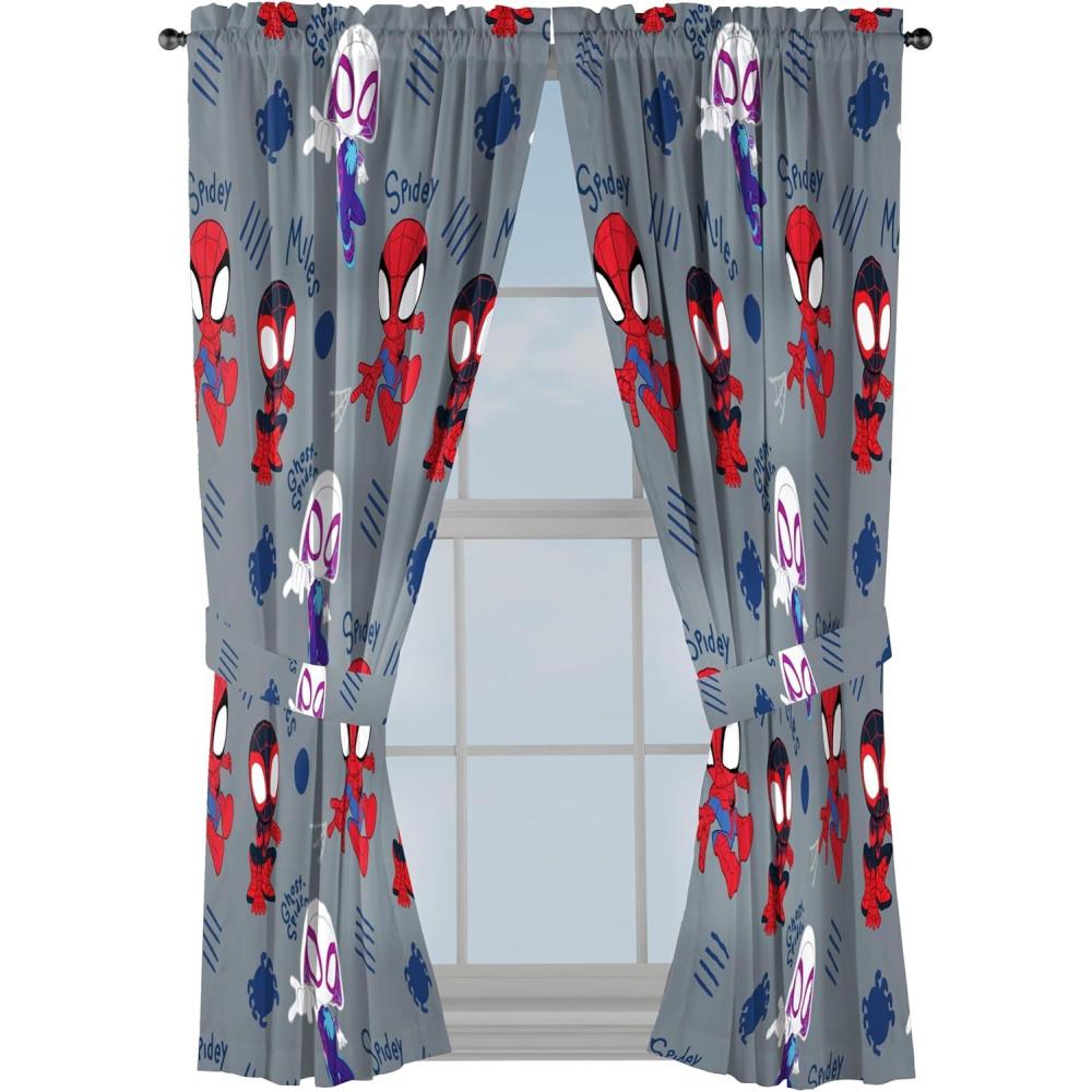 imageJay Franco Black Out Window Curtains for Kids Bedroom 4Piece Drape Set with 2 Tiebacks Blue Bluey 42 W x 63 L Pack of 2Grey Spidey His Amazing Friends