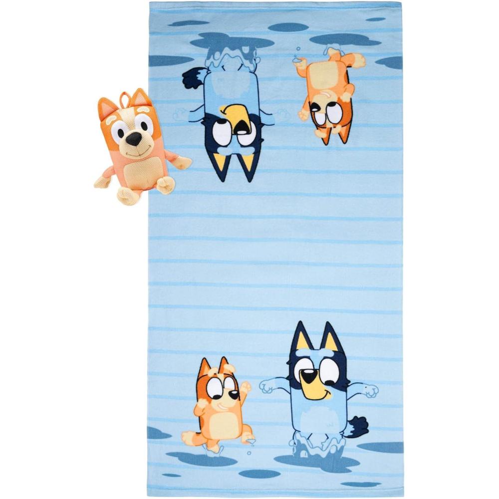 imageJay Franco Bluey amp Friends Bath Towel amp Bath Buddy Set Kids Bathtub Accessories Includes 25 x 50 Inch Microfiber Towel amp 13 Inch Bluey Water Play BuddyBlue Bingo