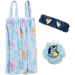 Jay Franco Bluey 3 Piece Spa & Bath Set – Includes Towel Wrap, Loofah & Spa Headband – Kids Bath & Shower Accessories(Blue – Bluey)
