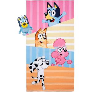 Jay Franco Bluey & Friends Bath Towel & Bath Buddy Set – Kids Bathtub Accessories – Includes 25 x 50 Inch Microfiber Towel & 13 Inch Bluey Water Play Buddy(Multi – Bluey)