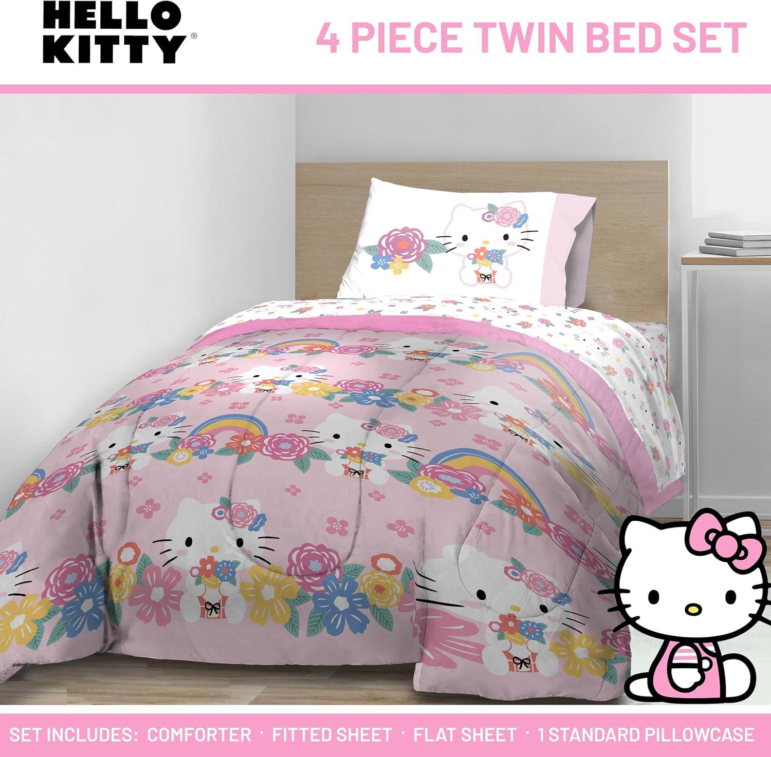 imageJay Franco Bluey Twin Size Comforter Set 4 Piece Bedding Includes Sheet Set Pillow Covers amp Bonus Duffle Bag Super Soft Kids Bedding with Bingo Muffin Coco amp SnickersPink Hello Kitty
