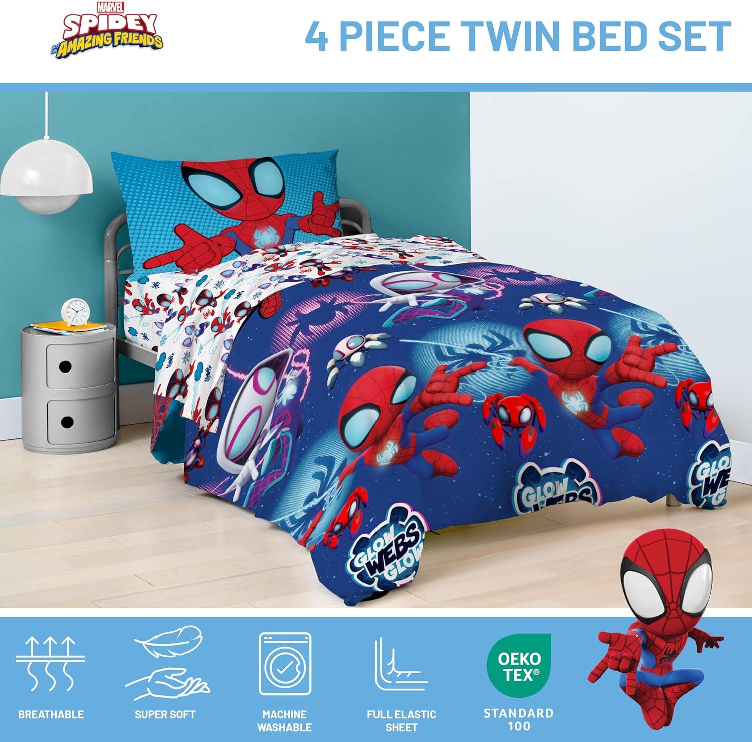 imageJay Franco Bluey Twin Size Comforter Set 4 Piece Bedding Includes Sheet Set Pillow Covers amp Bonus Duffle Bag Super Soft Kids Bedding with Bingo Muffin Coco amp SnickersBlue Spidey Friends