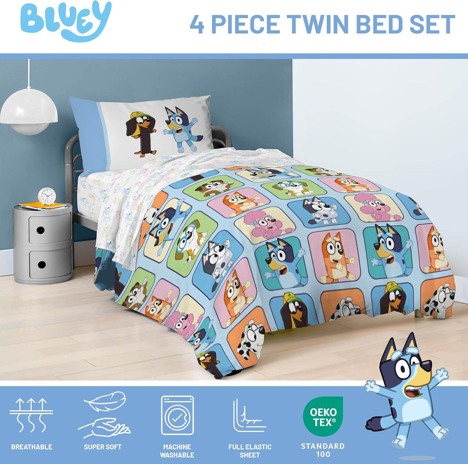 imageJay Franco Bluey Twin Size Comforter Set 4 Piece Bedding Includes Sheet Set Pillow Covers amp Bonus Duffle Bag Super Soft Kids Bedding with Bingo Muffin Coco amp SnickersMulti Bluey