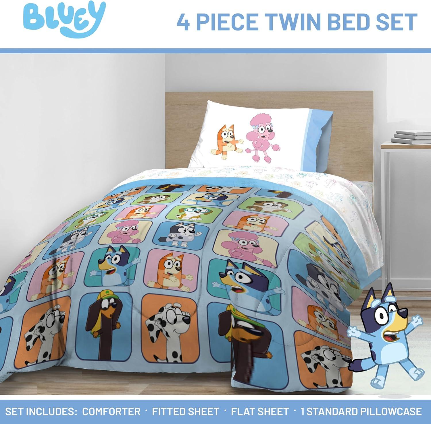 imageJay Franco Bluey Twin Size Comforter Set 4 Piece Bedding Includes Sheet Set Pillow Covers amp Bonus Duffle Bag Super Soft Kids Bedding with Bingo Muffin Coco amp SnickersMulti Bluey