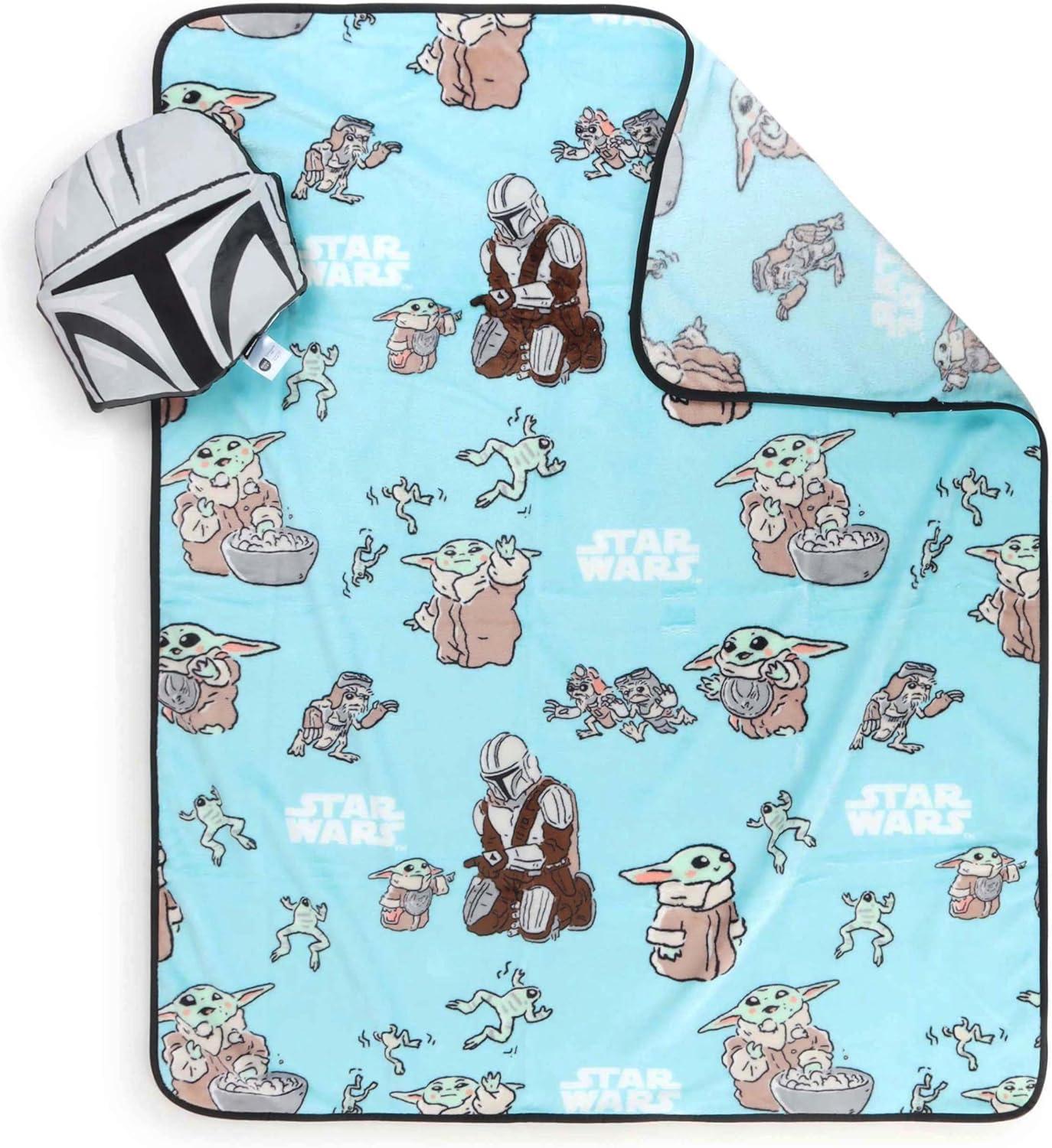 imageJay Franco Bluey amp Bingo Nogginz Set 40 x 50 Inch Lightweight Travel Throw Blanket amp Pillow Kids Super Soft 2 Piece Bedding SetGray the Mandalorian