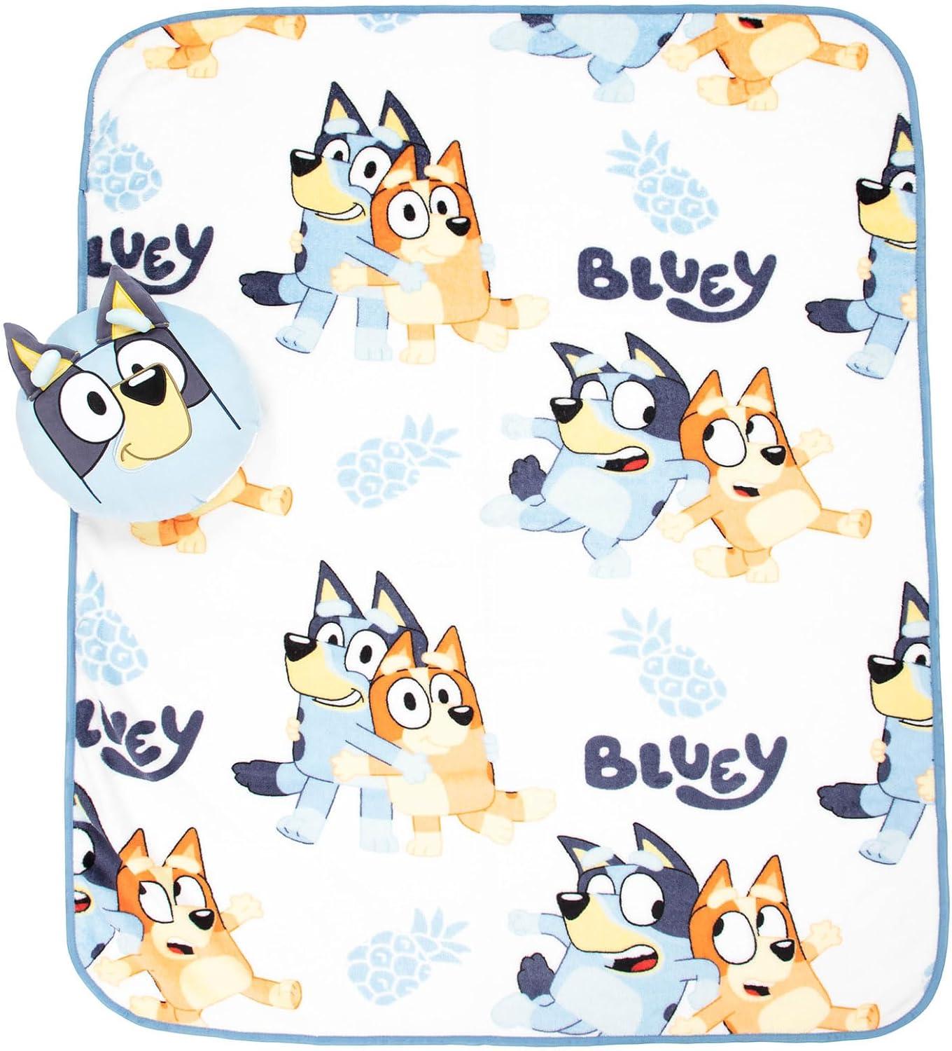 imageJay Franco Bluey amp Bingo Nogginz Set 40 x 50 Inch Lightweight Travel Throw Blanket amp Pillow Kids Super Soft 2 Piece Bedding SetWhite Bluey