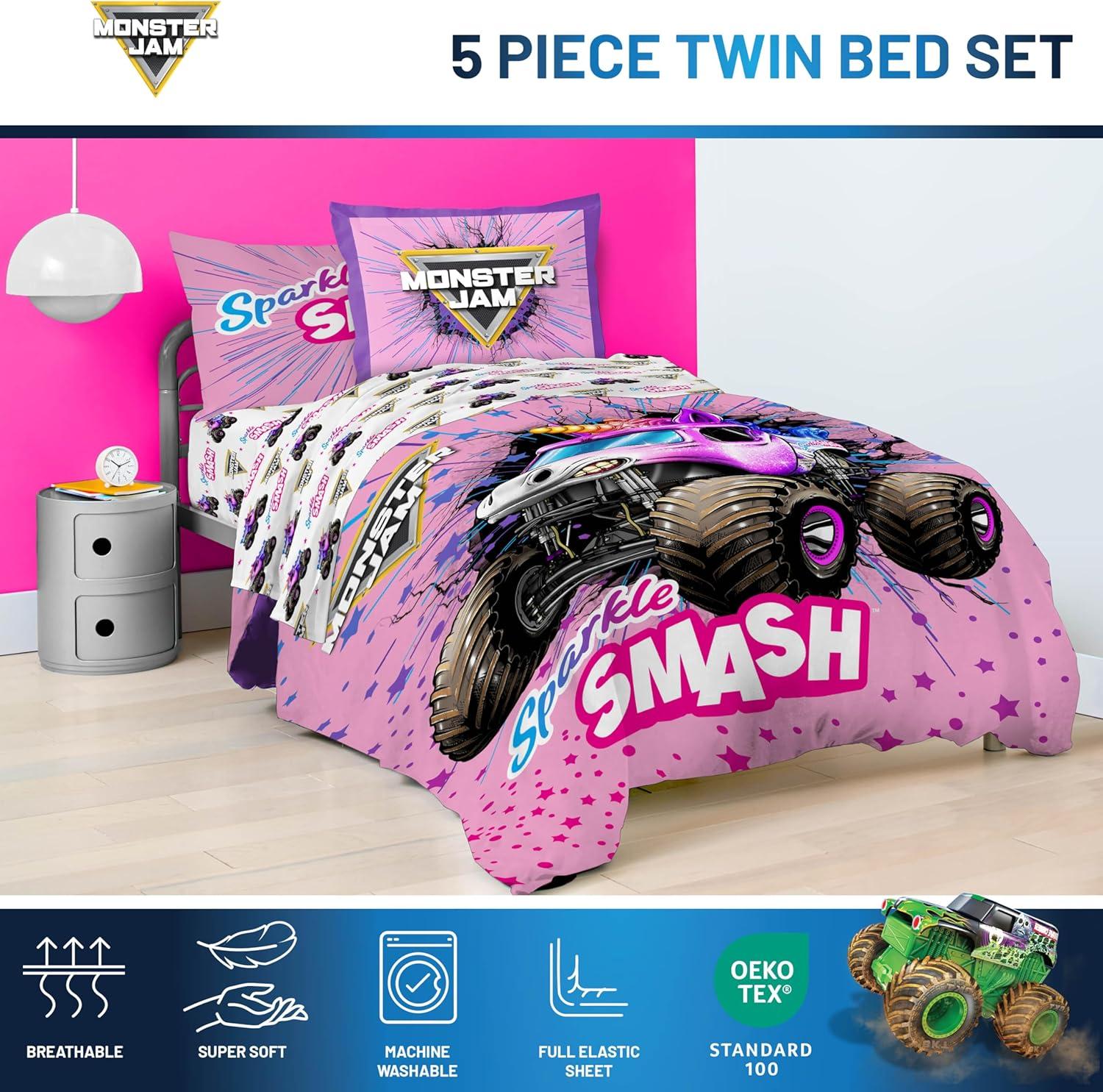 imageJay Franco Kids Comforter Set Includes Sheets and Pillow Covers Soft and Cozy Bed Set for Stylish Room Decor Beige Harry Potter 5 Piece Twin Size BeddingPink Monster Jam