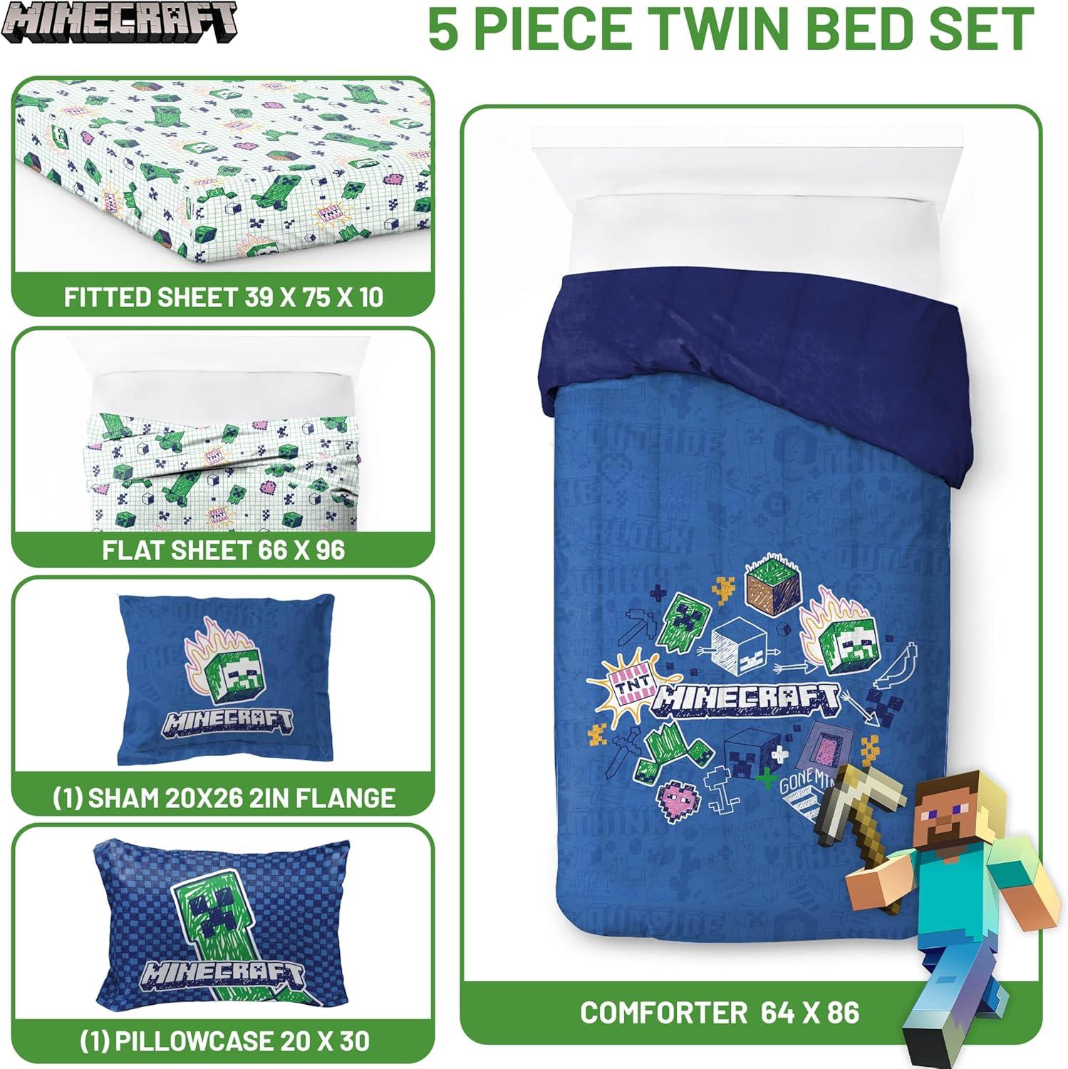 imageJay Franco Kids Comforter Set Includes Sheets and Pillow Covers Soft and Cozy Bed Set for Stylish Room Decor Blue Bluey amp Bingo 5 Piece TwinBlue Minecraft 02