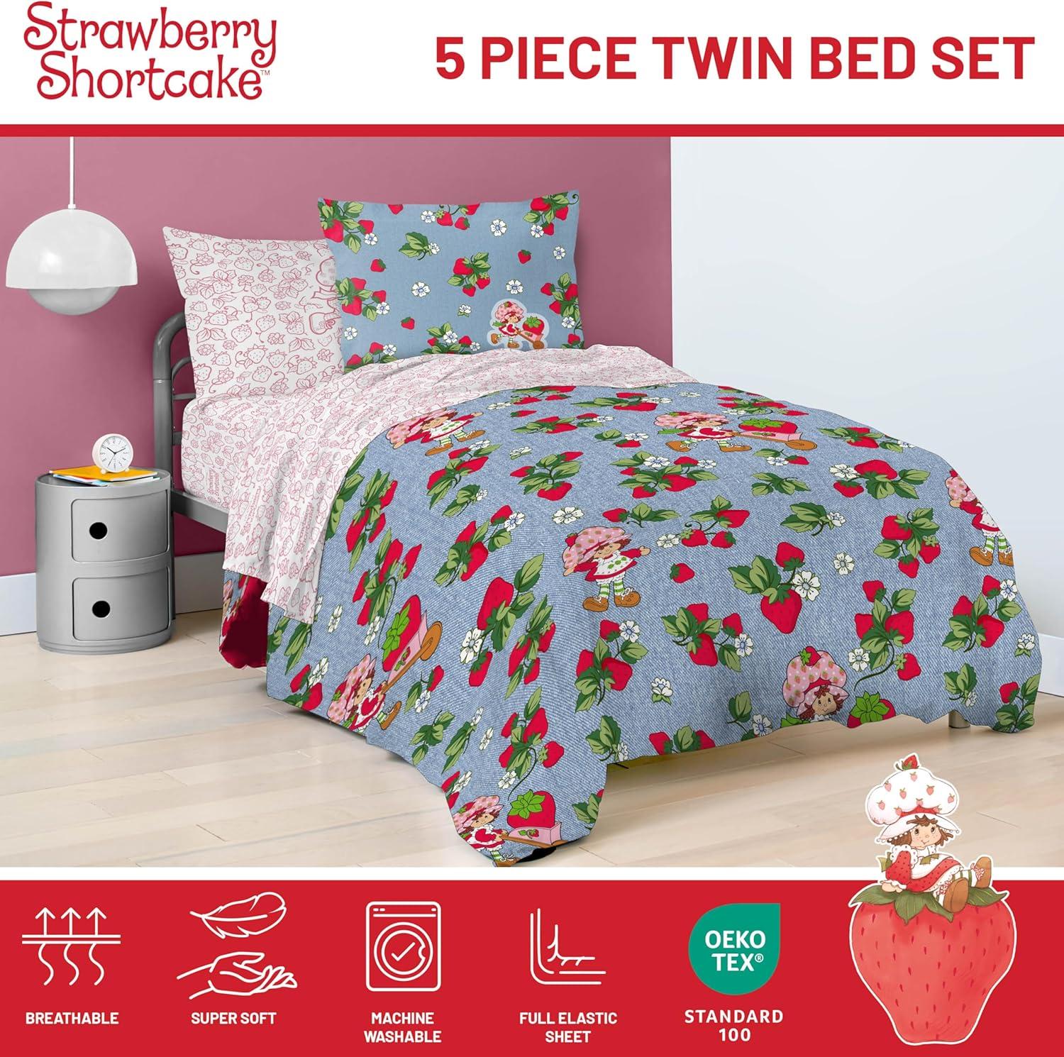 imageJay Franco Kids Comforter Set Includes Sheets and Pillow Covers Soft and Cozy Bed Set for Stylish Room Decor Blue Bluey amp Bingo 5 Piece TwinBlue Strawberry Shortcake