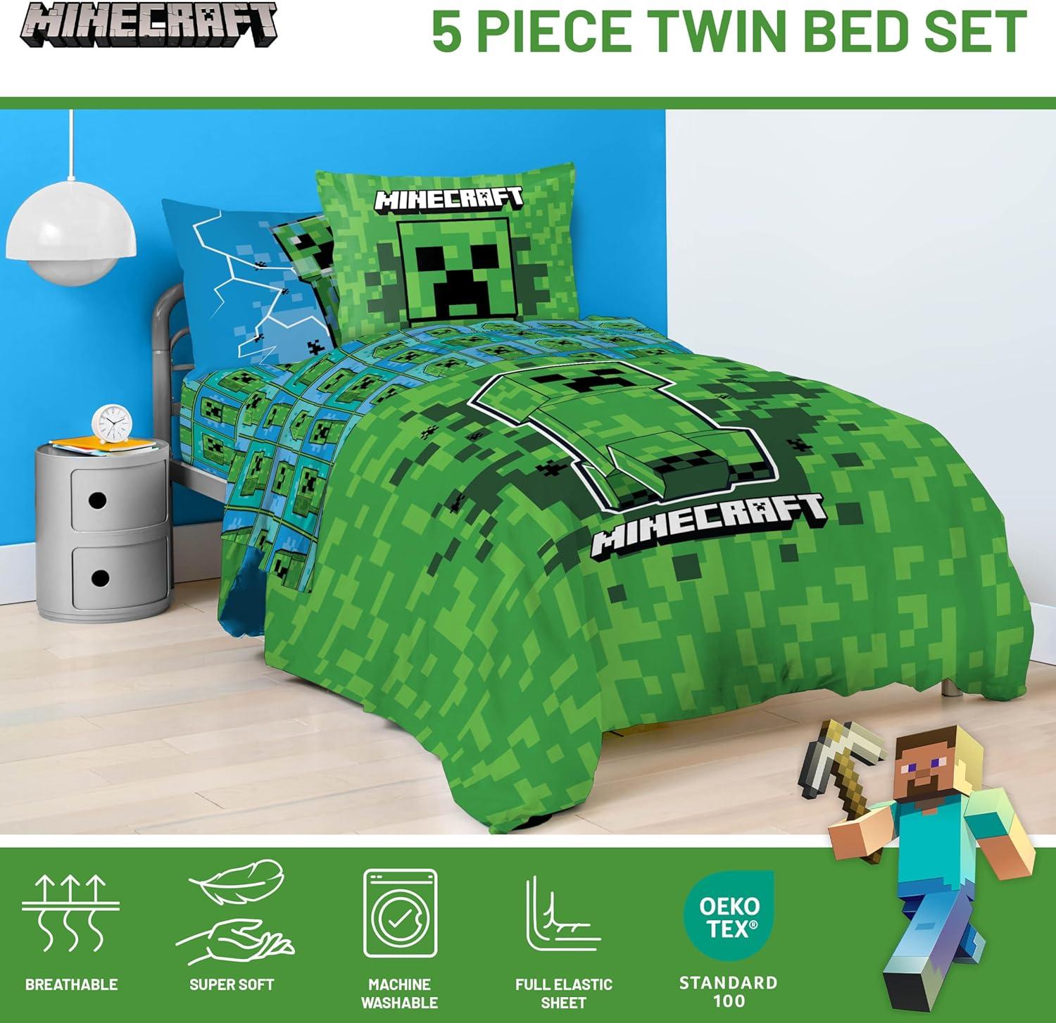 imageJay Franco Kids Comforter Set Includes Sheets and Pillow Covers Soft and Cozy Bed Set for Stylish Room Decor Blue Bluey amp Bingo 5 Piece TwinGreen Minecraft Creeper