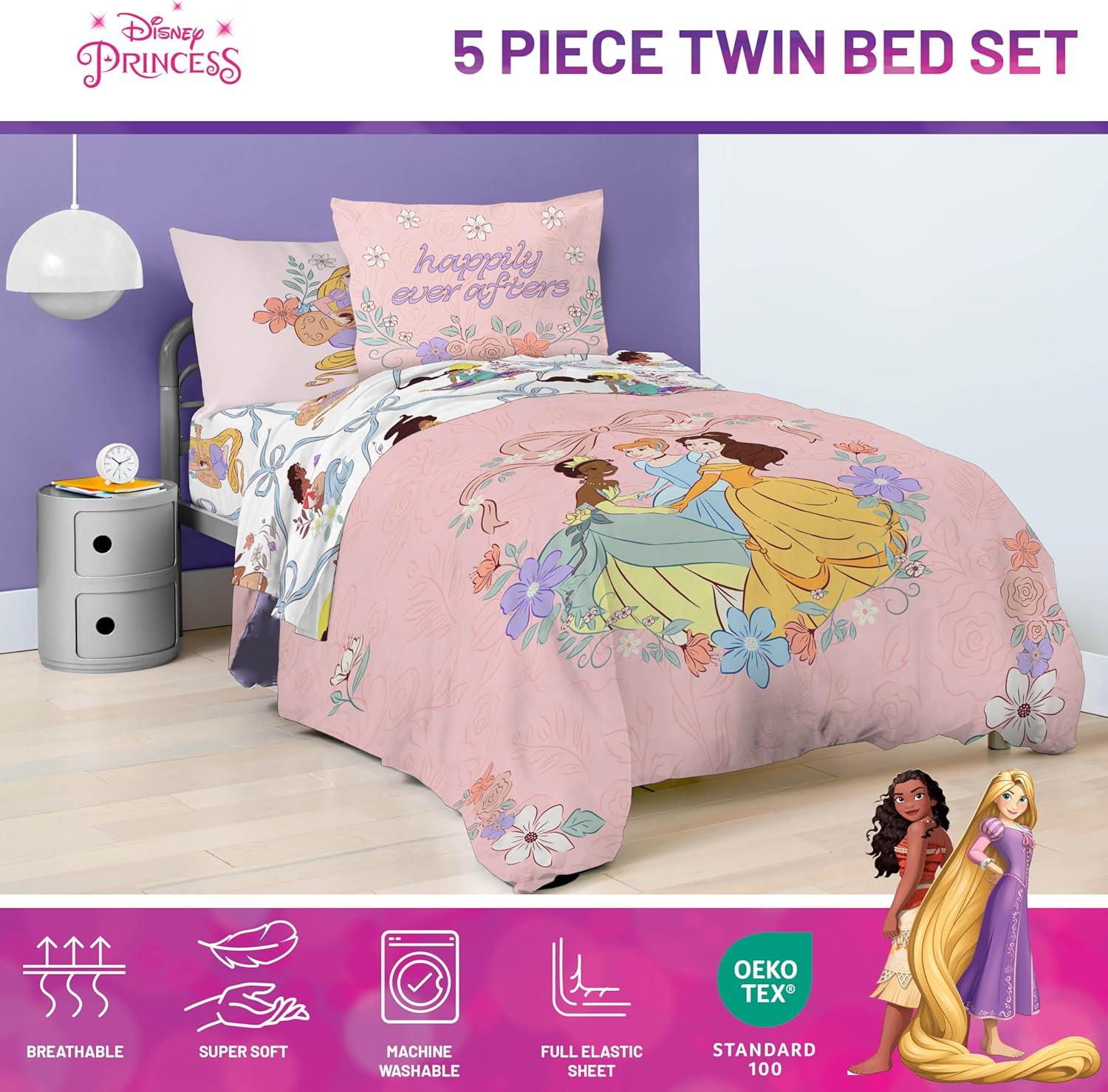 imageJay Franco Kids Comforter Set Includes Sheets and Pillow Covers Soft and Cozy Bed Set for Stylish Room Decor Blue Bluey amp Bingo 5 Piece TwinPink Disney Princess
