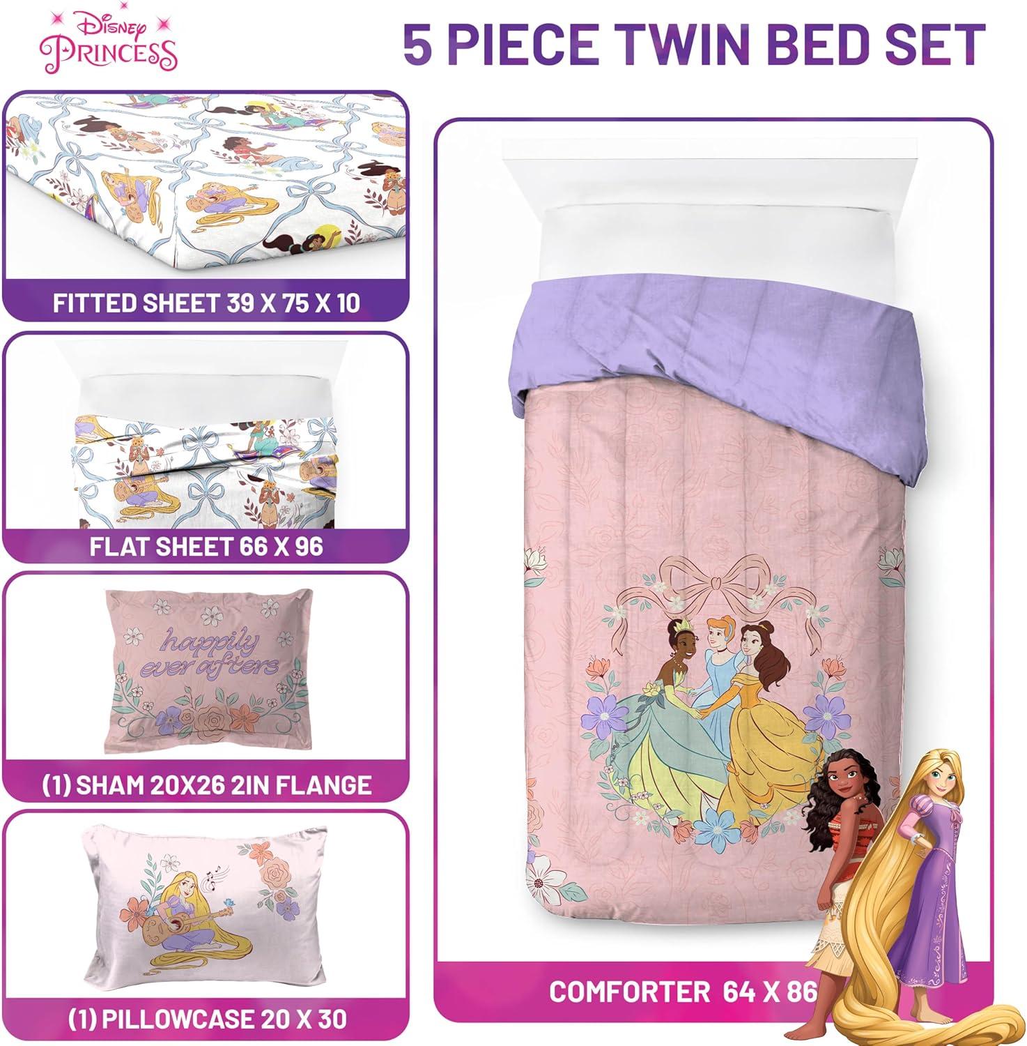 imageJay Franco Kids Comforter Set Includes Sheets and Pillow Covers Soft and Cozy Bed Set for Stylish Room Decor Blue Bluey amp Bingo 5 Piece TwinPink Disney Princess
