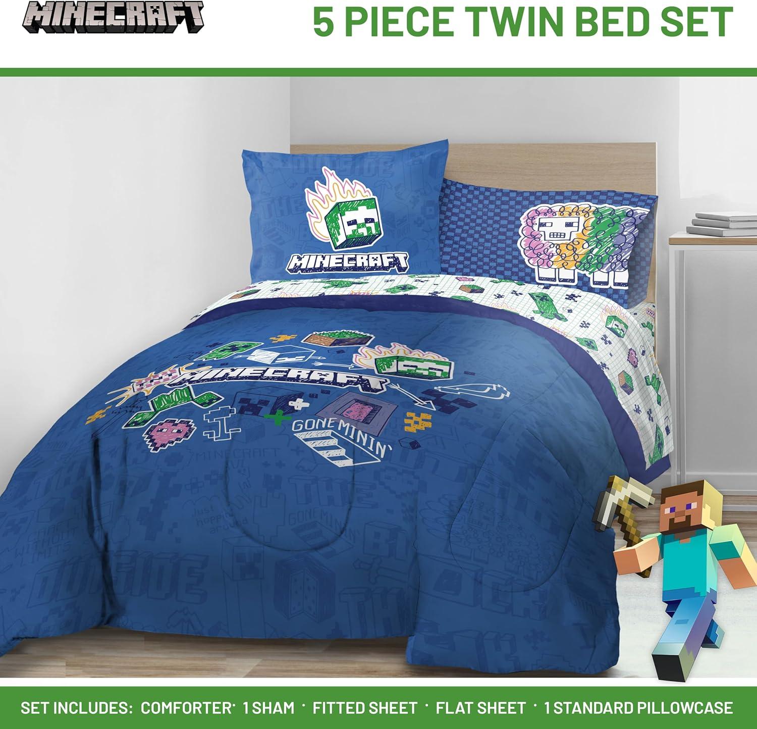 imageJay Franco Kids Comforter Set Includes Sheets and Pillow Covers Soft and Cozy Bed Set for Stylish Room Decor Blue Bluey amp Bingo 7 Piece QueenBlue Minecraft 02