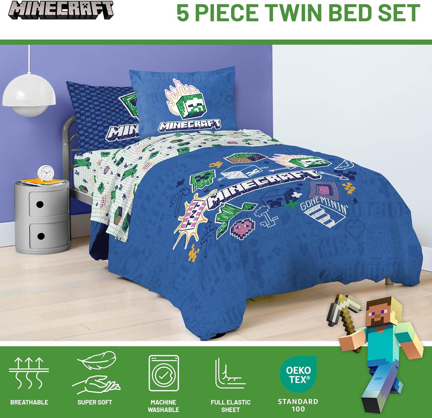 imageJay Franco Kids Comforter Set Includes Sheets and Pillow Covers Soft and Cozy Bed Set for Stylish Room Decor Blue Bluey amp Bingo 7 Piece QueenBlue Minecraft 02