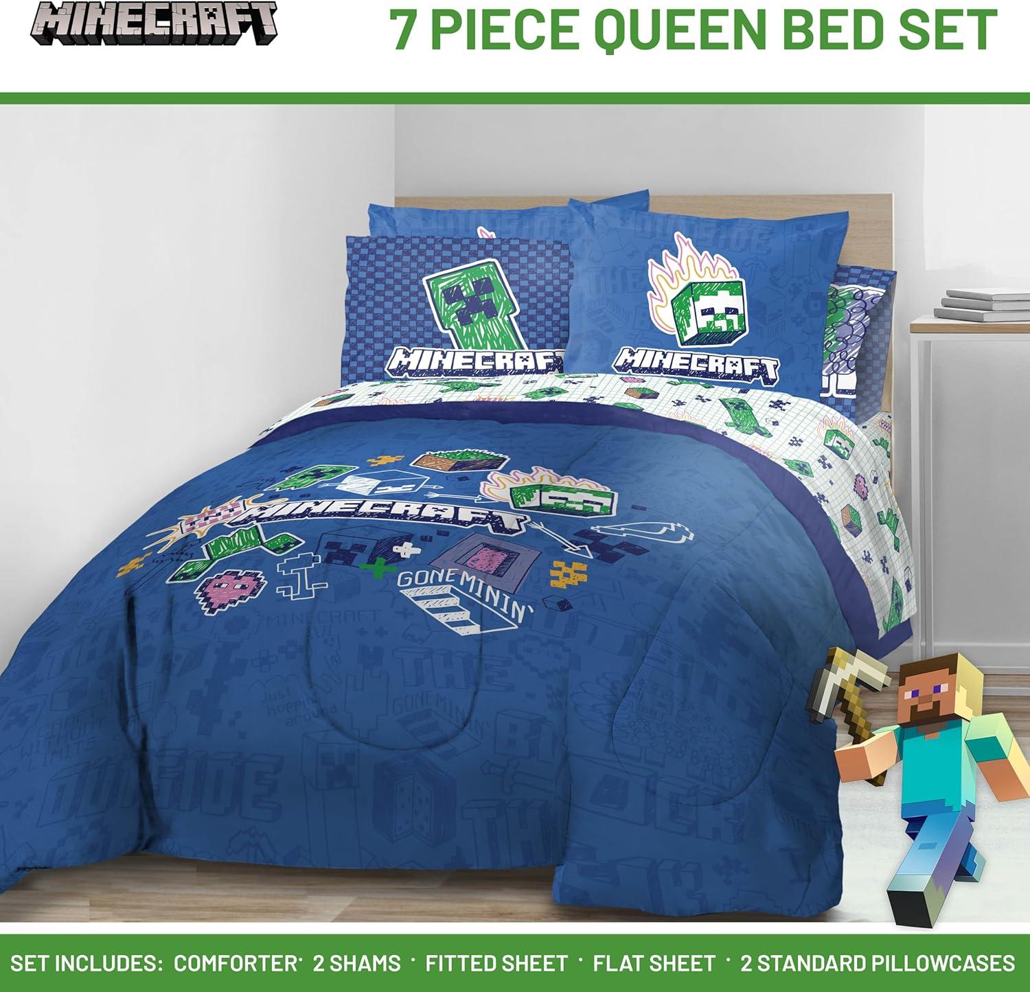 imageJay Franco Kids Comforter Set Includes Sheets and Pillow Covers Soft and Cozy Bed Set for Stylish Room Decor Blue Bluey amp Bingo 7 Piece QueenBlue Minecraft 02