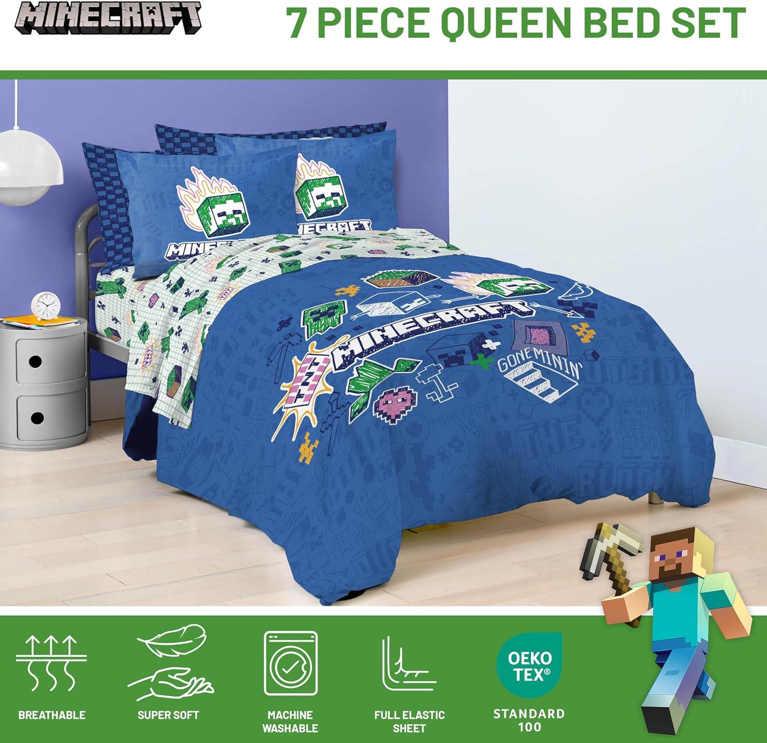 imageJay Franco Kids Comforter Set Includes Sheets and Pillow Covers Soft and Cozy Bed Set for Stylish Room Decor Blue Bluey amp Bingo 7 Piece QueenBlue Minecraft 02