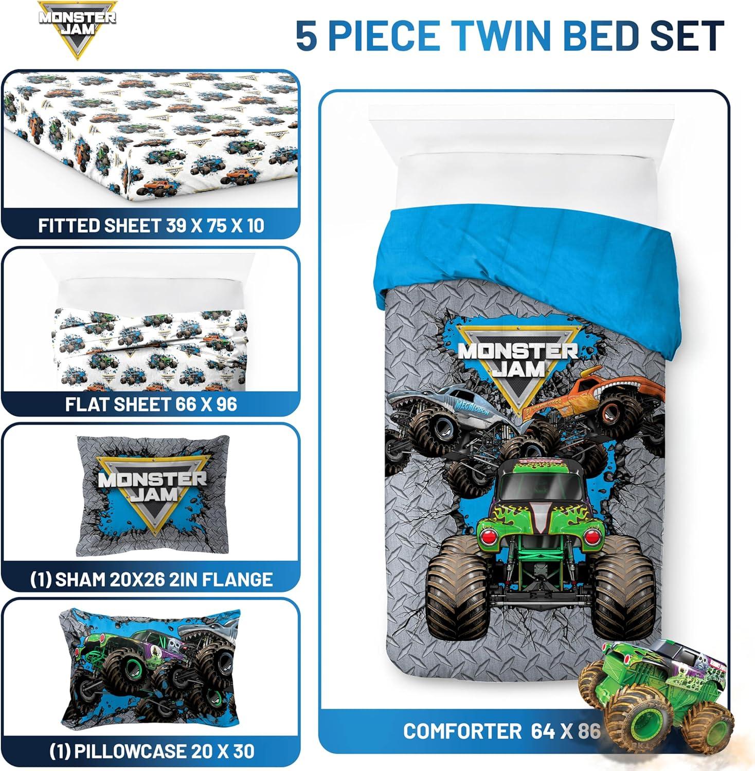 imageJay Franco Kids Comforter Set Includes Sheets and Pillow Covers Soft and Cozy Bed Set for Stylish Room Decor Blue Bluey amp Bingo 7 Piece QueenGray Monster Jam 01