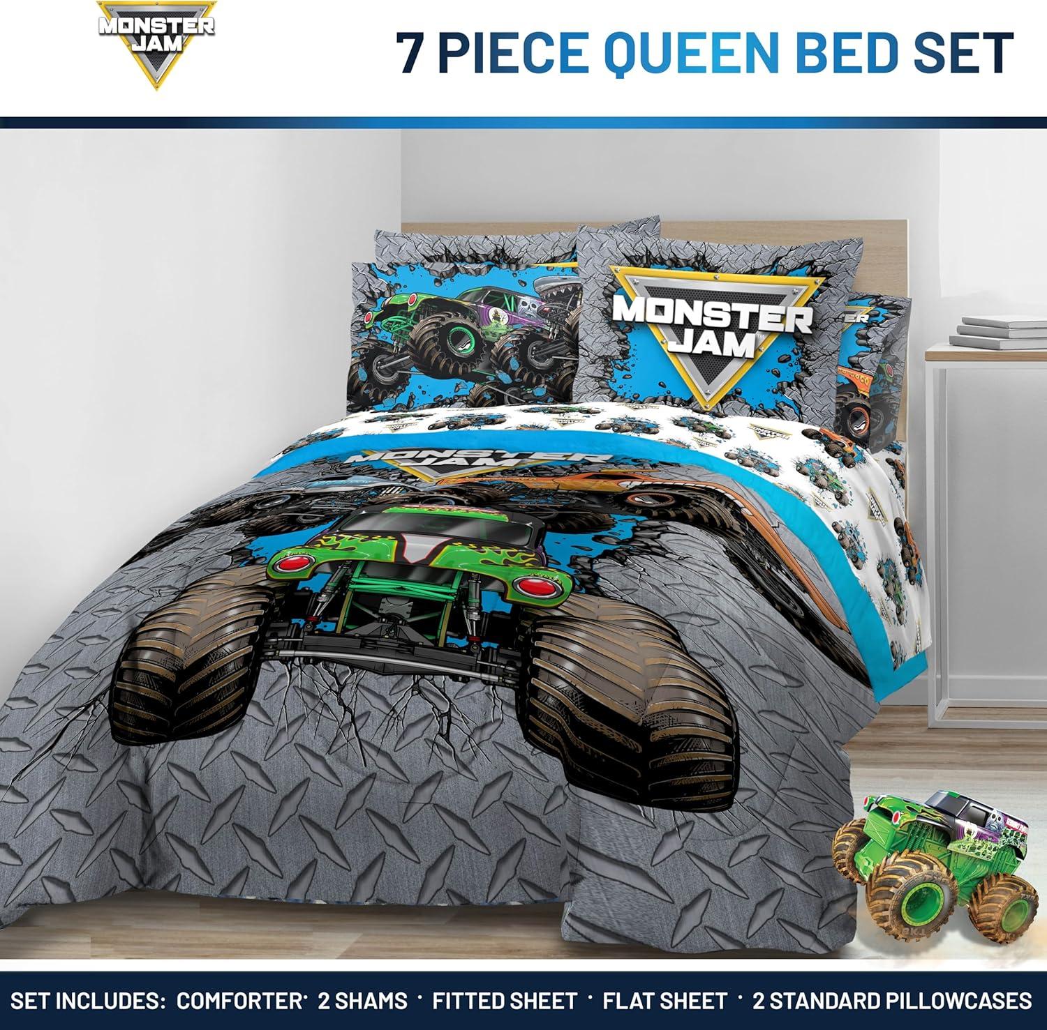 imageJay Franco Kids Comforter Set Includes Sheets and Pillow Covers Soft and Cozy Bed Set for Stylish Room Decor Blue Bluey amp Bingo 7 Piece QueenGray Monster Jam 01