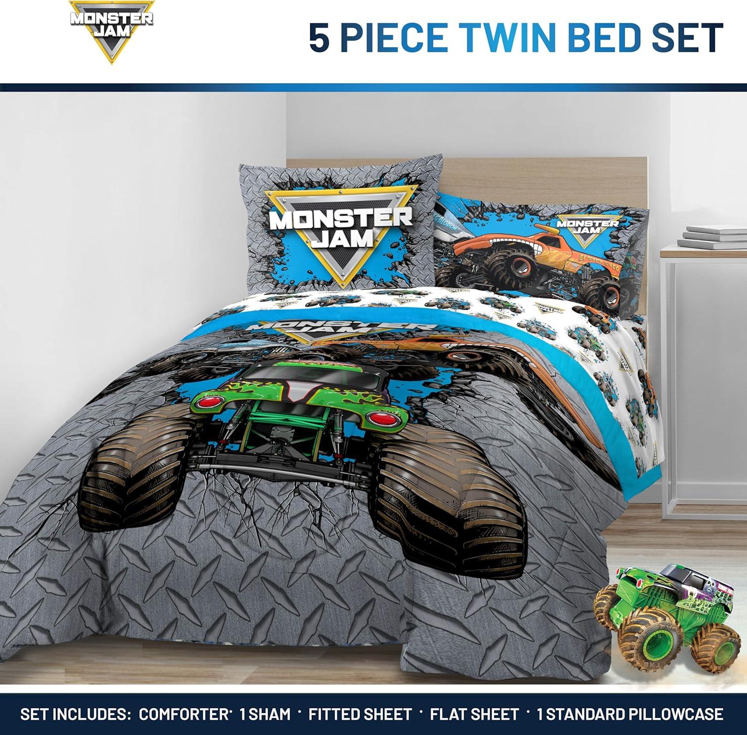 imageJay Franco Kids Comforter Set Includes Sheets and Pillow Covers Soft and Cozy Bed Set for Stylish Room Decor Blue Bluey amp Bingo 7 Piece QueenGray Monster Jam 01
