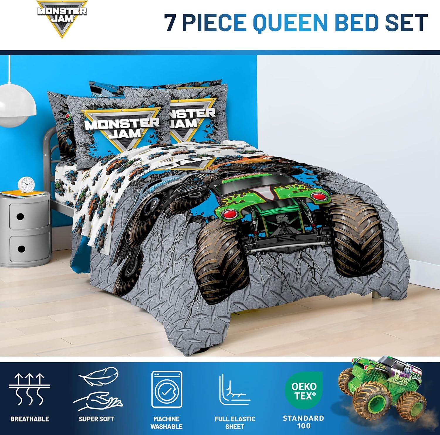 imageJay Franco Kids Comforter Set Includes Sheets and Pillow Covers Soft and Cozy Bed Set for Stylish Room Decor Blue Bluey amp Bingo 7 Piece QueenGray Monster Jam 01