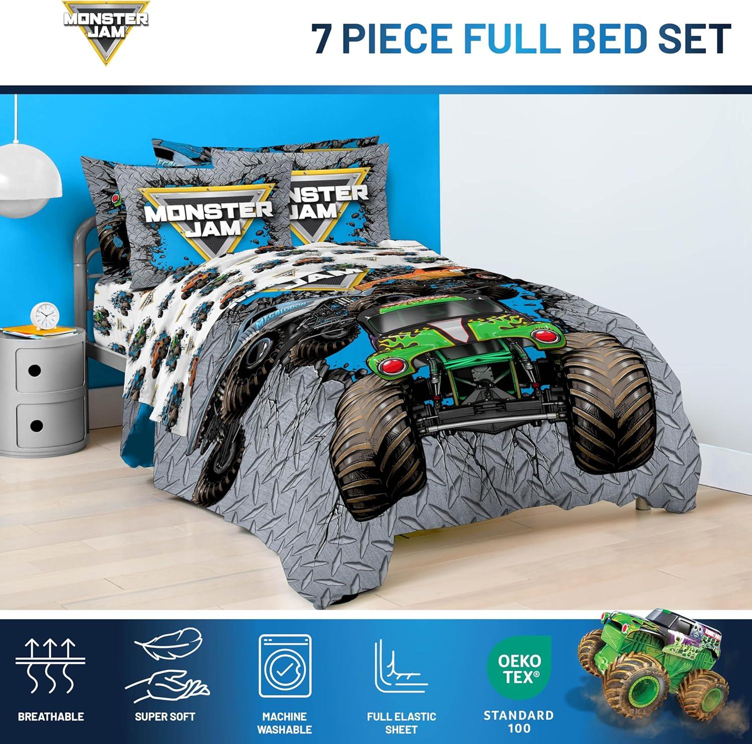 imageJay Franco Kids Comforter Set Includes Sheets and Pillow Covers Soft and Cozy Bed Set for Stylish Room Decor Blue Bluey amp Bingo 7 Piece QueenGray Monster Jam 01