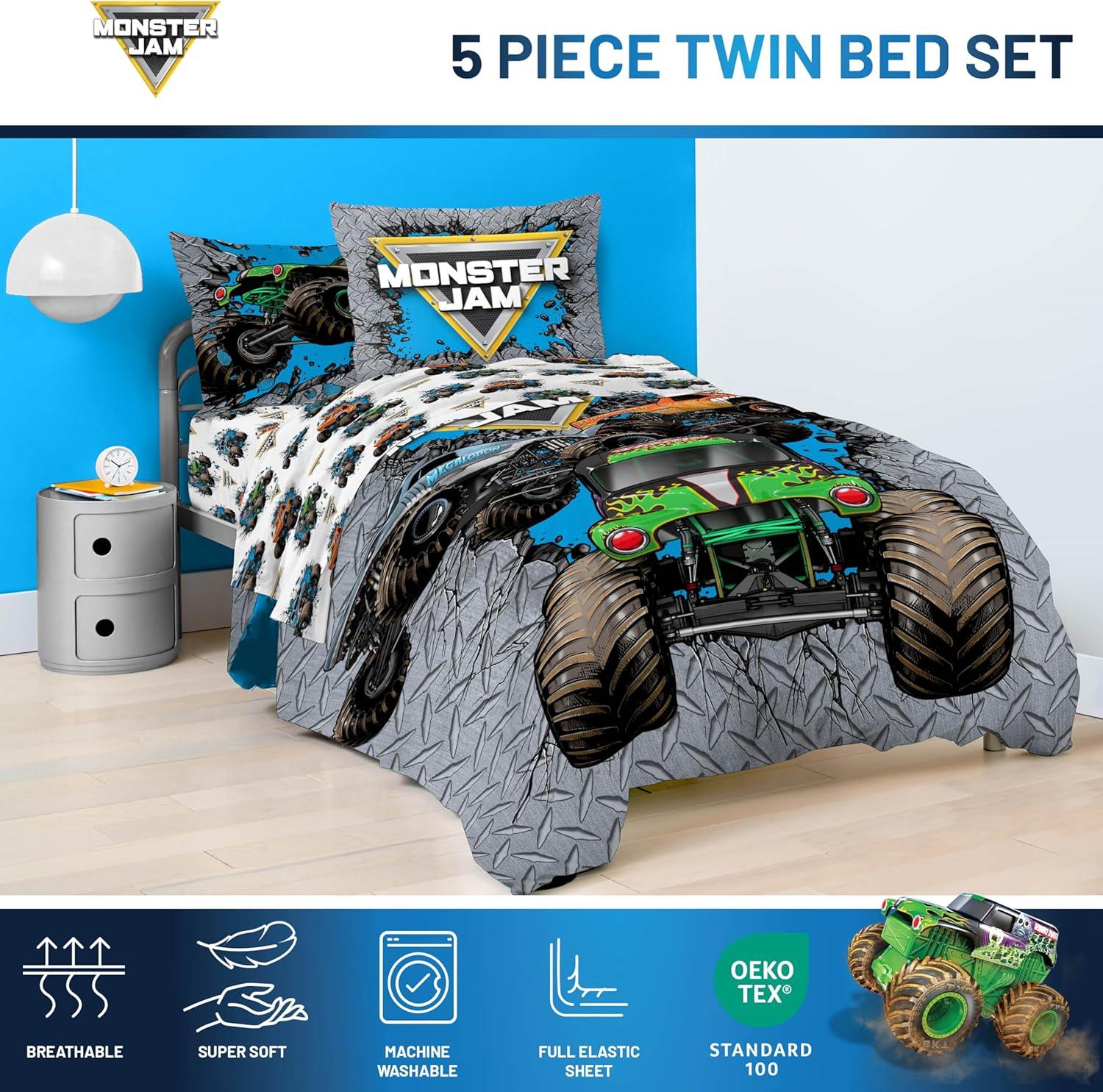 imageJay Franco Kids Comforter Set Includes Sheets and Pillow Covers Soft and Cozy Bed Set for Stylish Room Decor Blue Bluey amp Bingo 7 Piece QueenGray Monster Jam 01