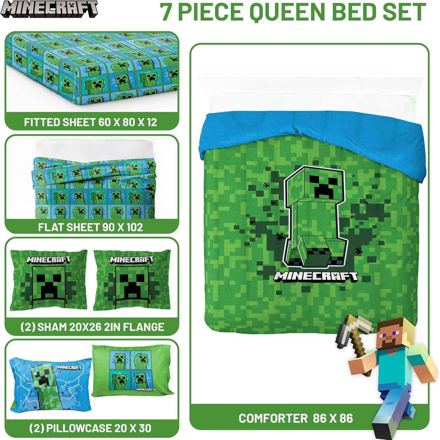 imageJay Franco Kids Comforter Set Includes Sheets and Pillow Covers Soft and Cozy Bed Set for Stylish Room Decor Blue Bluey amp Bingo 7 Piece QueenGreen Minecraft Creeper