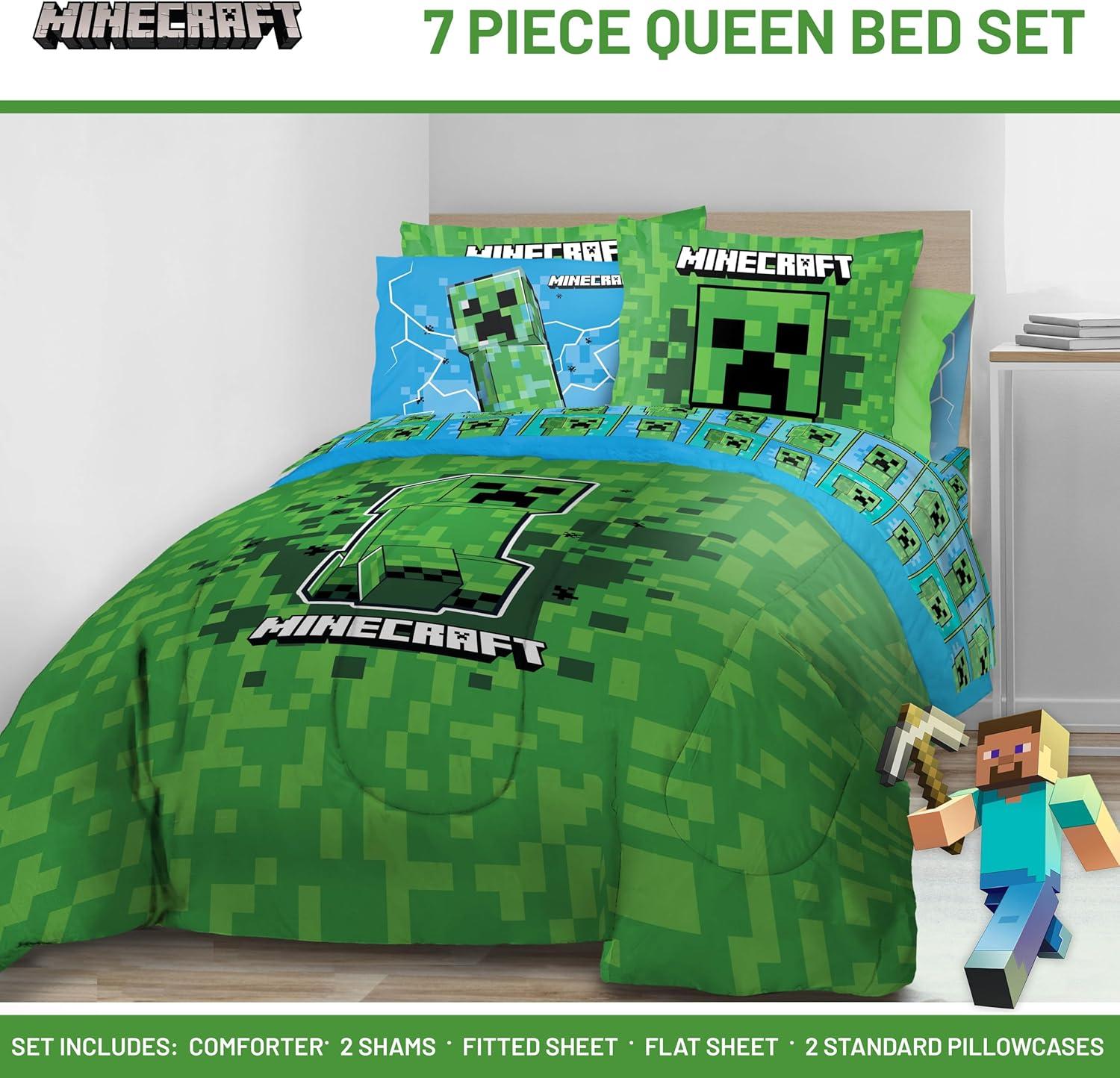 imageJay Franco Kids Comforter Set Includes Sheets and Pillow Covers Soft and Cozy Bed Set for Stylish Room Decor Blue Bluey amp Bingo 7 Piece QueenGreen Minecraft Creeper