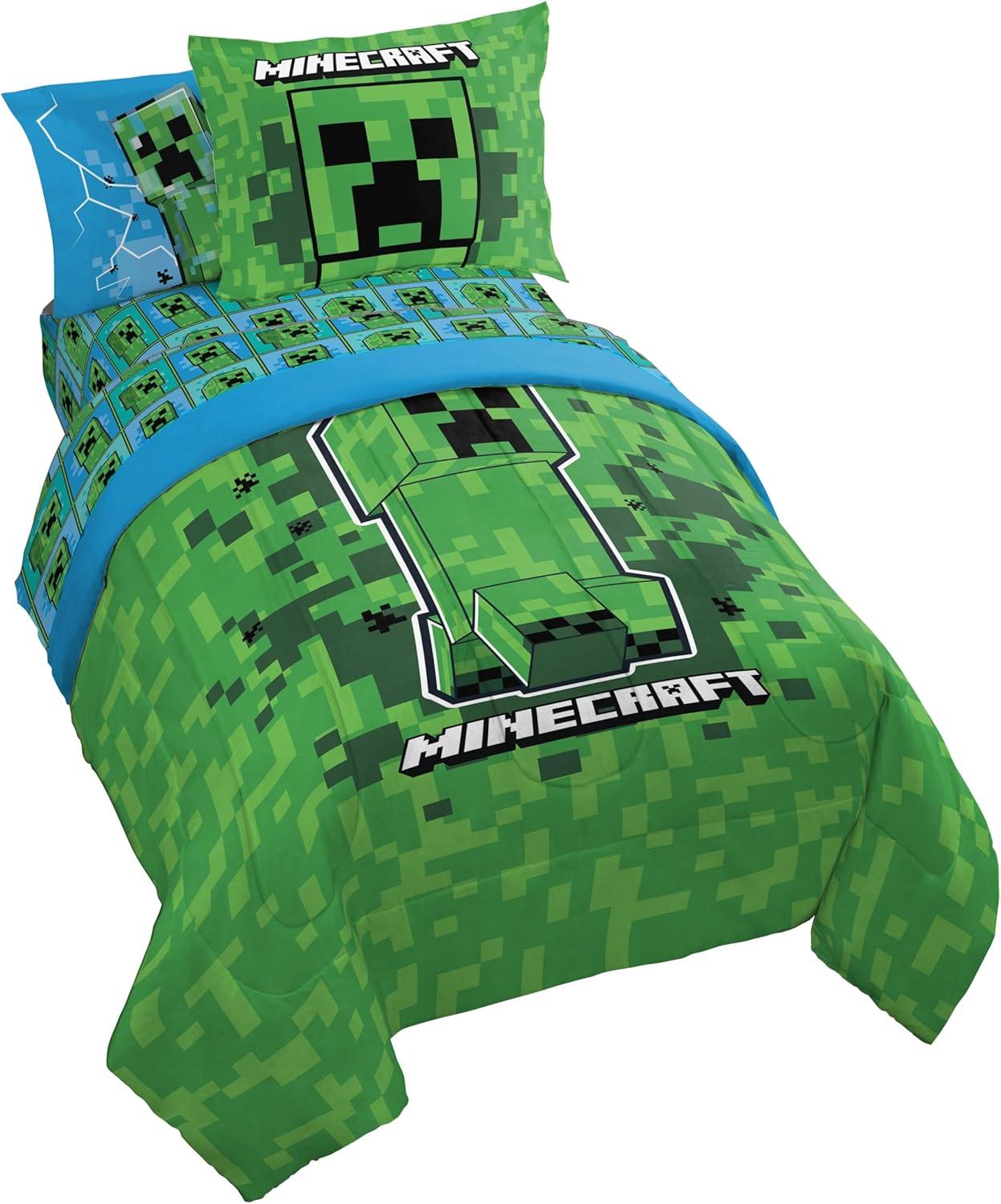 imageJay Franco Kids Comforter Set Includes Sheets and Pillow Covers Soft and Cozy Bed Set for Stylish Room Decor Blue Bluey amp Bingo 7 Piece QueenGreen Minecraft Creeper