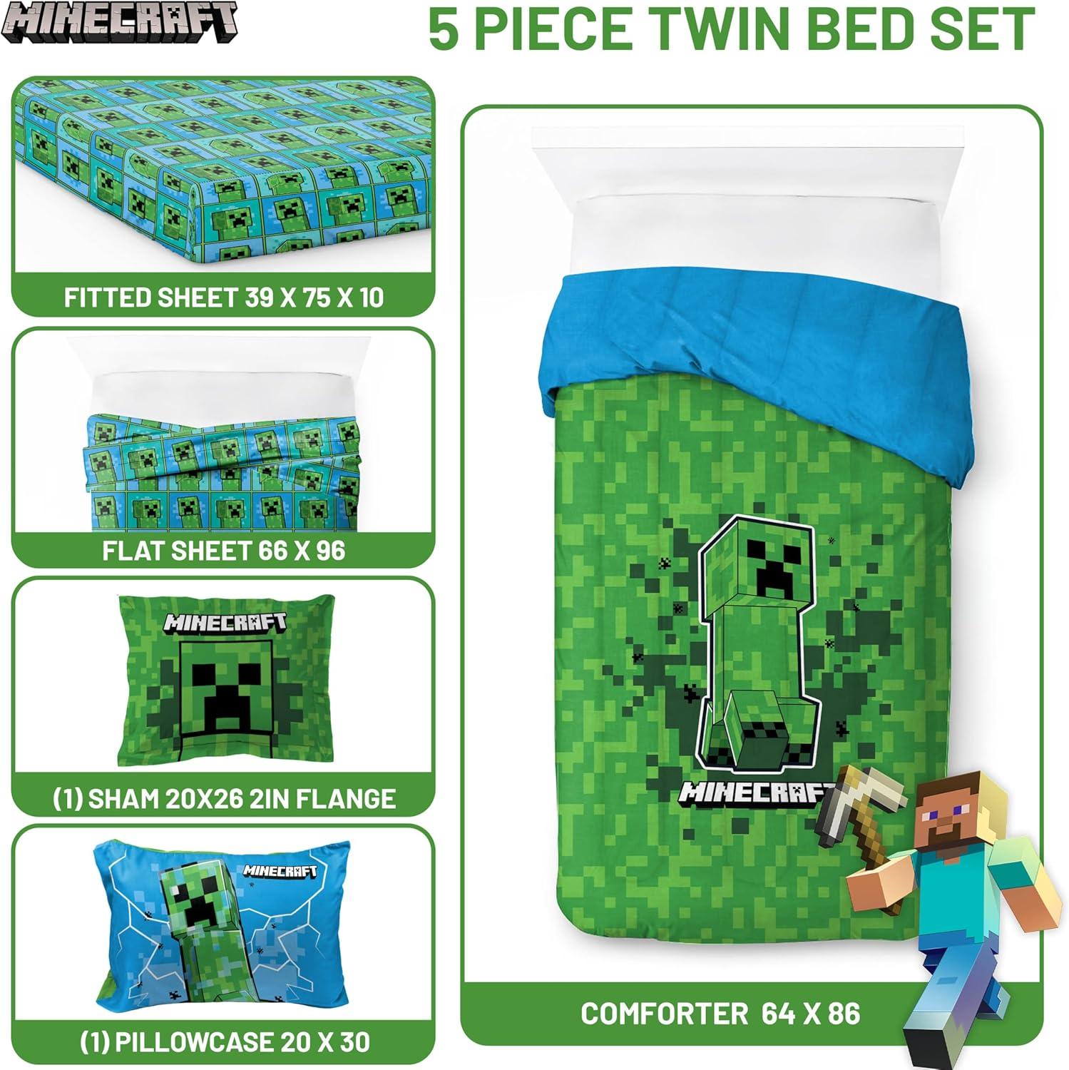 imageJay Franco Kids Comforter Set Includes Sheets and Pillow Covers Soft and Cozy Bed Set for Stylish Room Decor Blue Bluey amp Bingo 7 Piece QueenGreen Minecraft Creeper