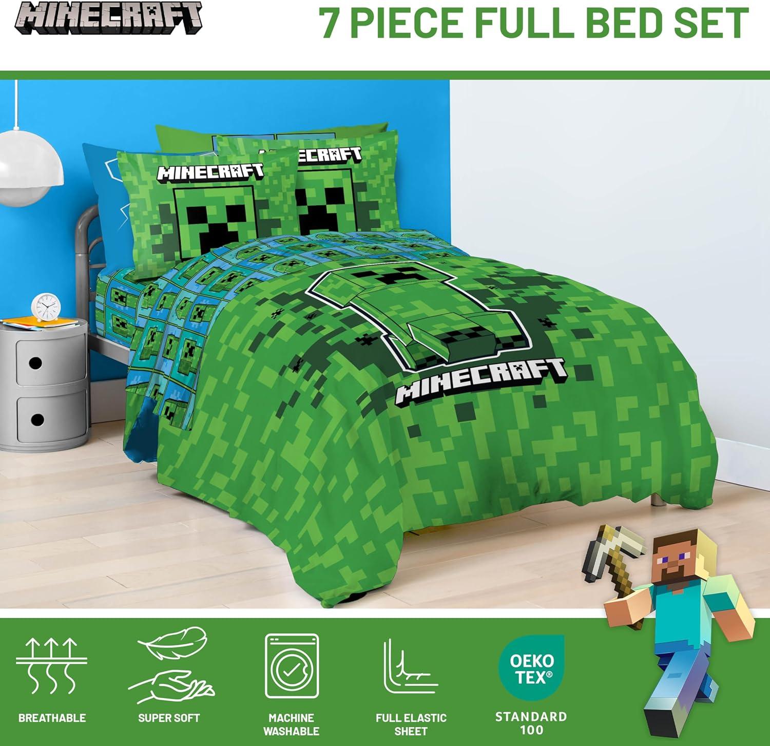 imageJay Franco Kids Comforter Set Includes Sheets and Pillow Covers Soft and Cozy Bed Set for Stylish Room Decor Blue Bluey amp Bingo 7 Piece QueenGreen Minecraft Creeper