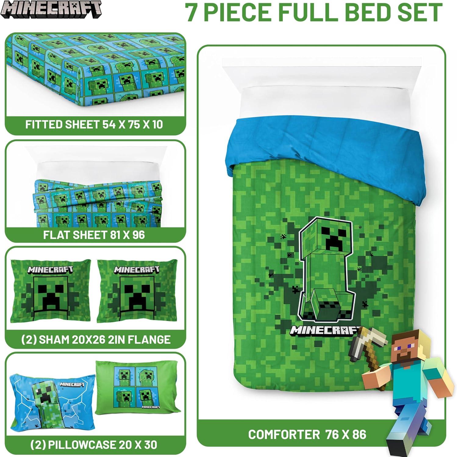 imageJay Franco Kids Comforter Set Includes Sheets and Pillow Covers Soft and Cozy Bed Set for Stylish Room Decor Blue Bluey amp Bingo 7 Piece QueenGreen Minecraft Creeper